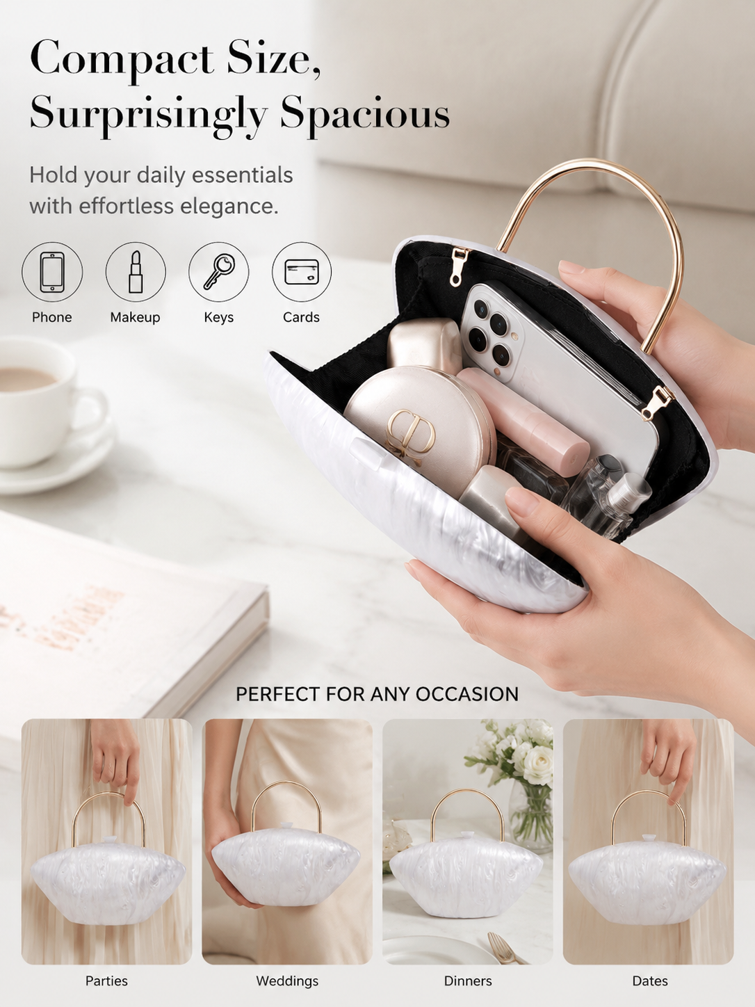 White Marbled Acrylic Clutch with Gold Tone Handle