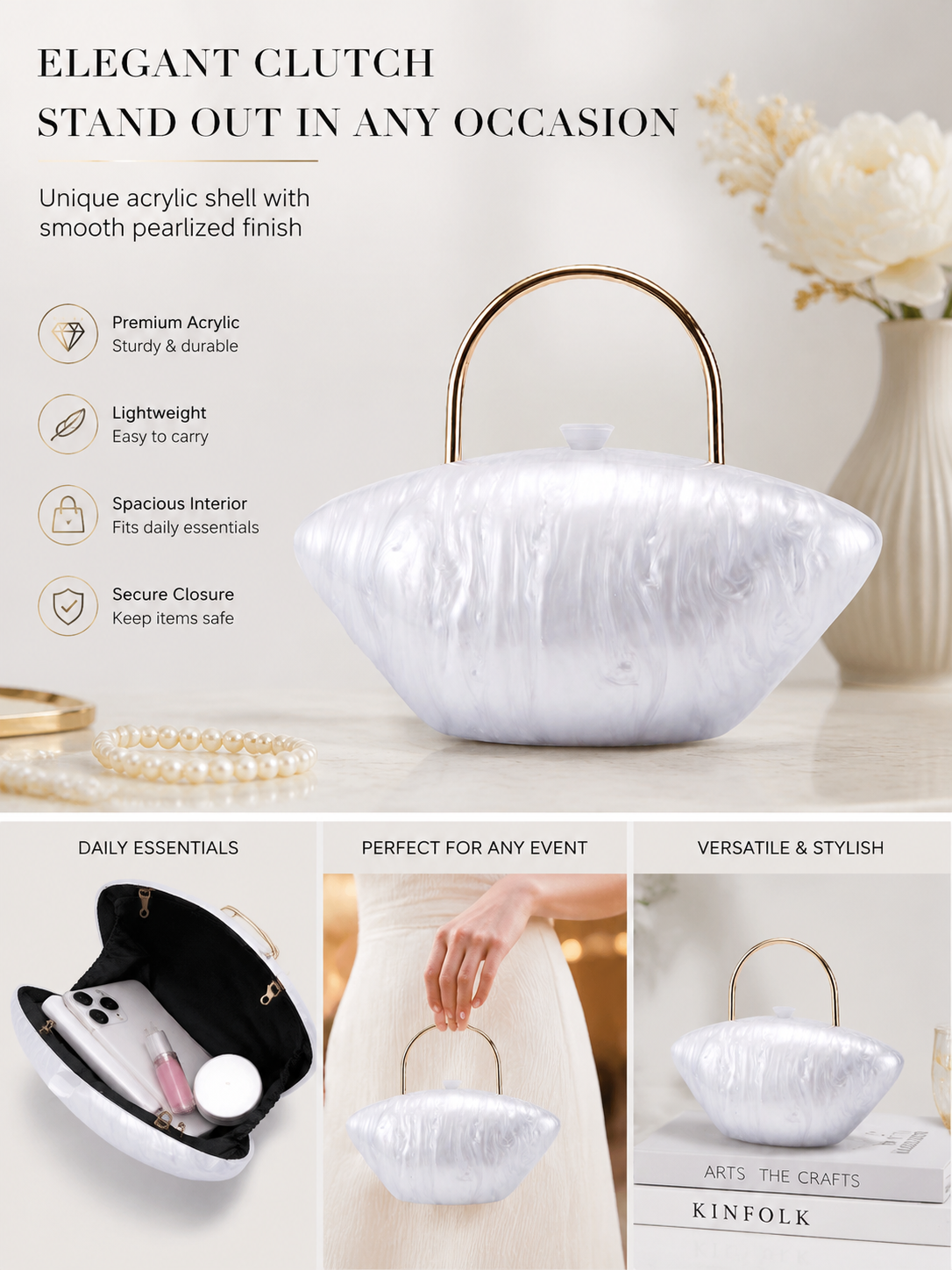 White Marbled Acrylic Clutch with Gold Tone Handle