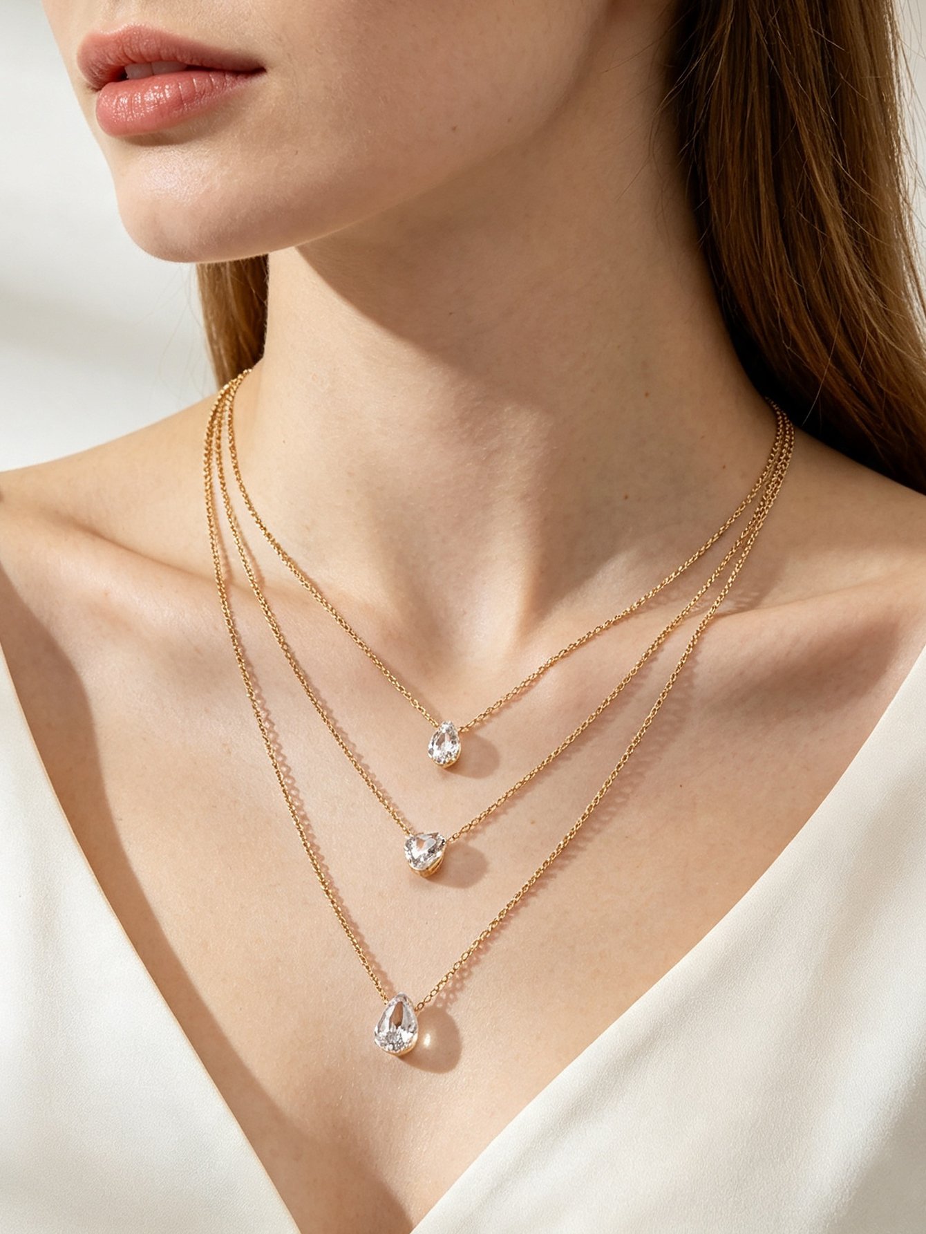 Gold Layered Necklace Set with Teardrop Gemstones