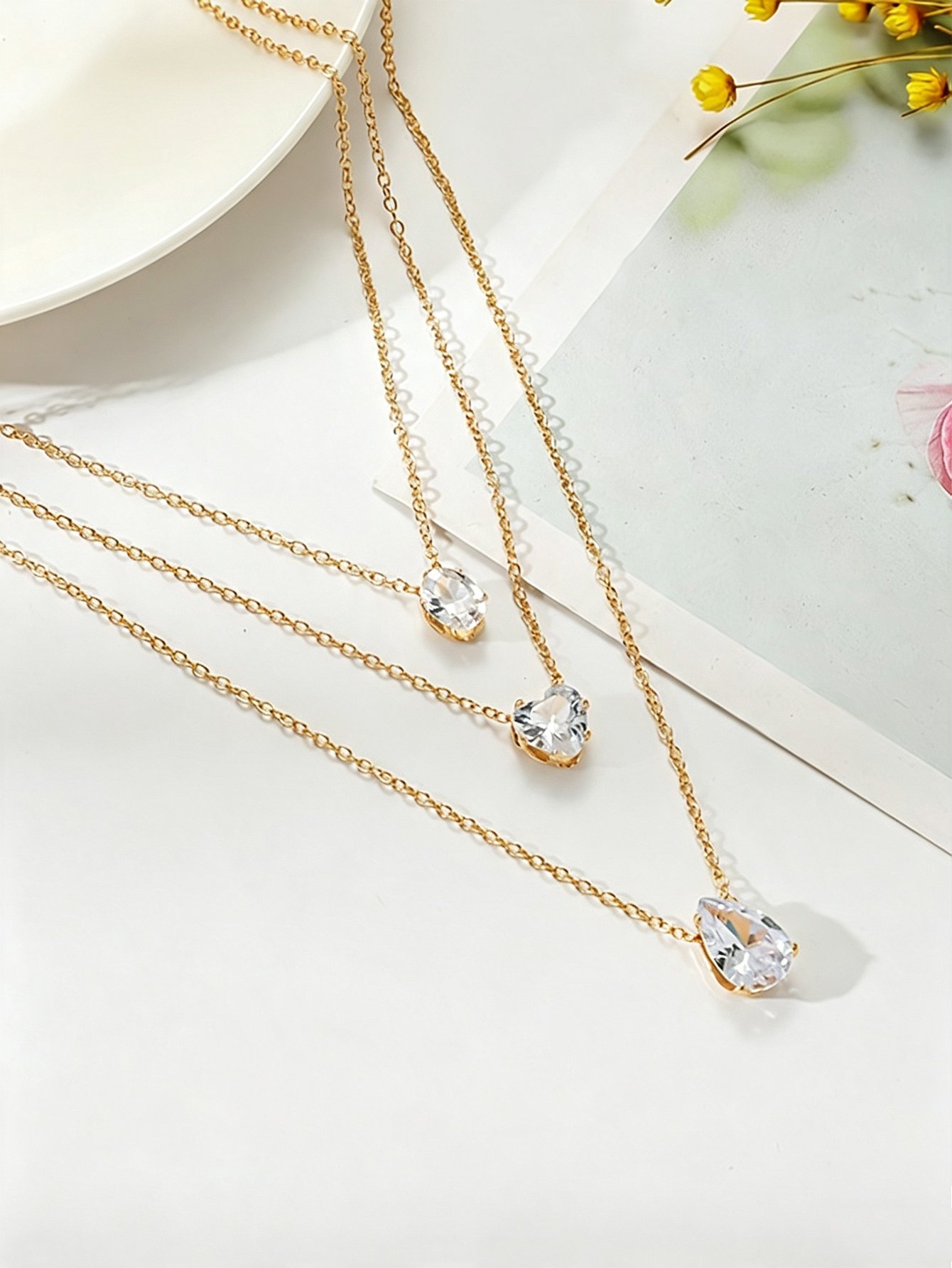 Gold Layered Necklace Set with Teardrop Gemstones