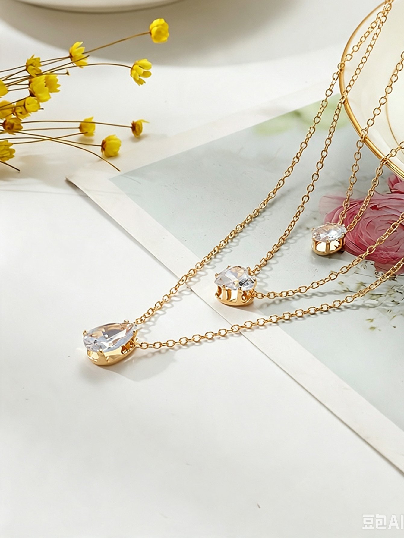 Gold Layered Necklace Set with Teardrop Gemstones