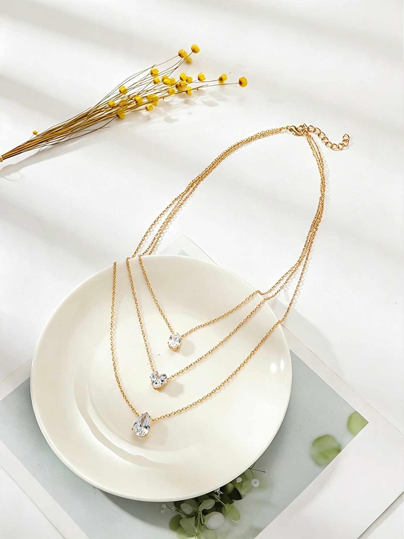 Gold Layered Necklace Set with Teardrop Gemstones