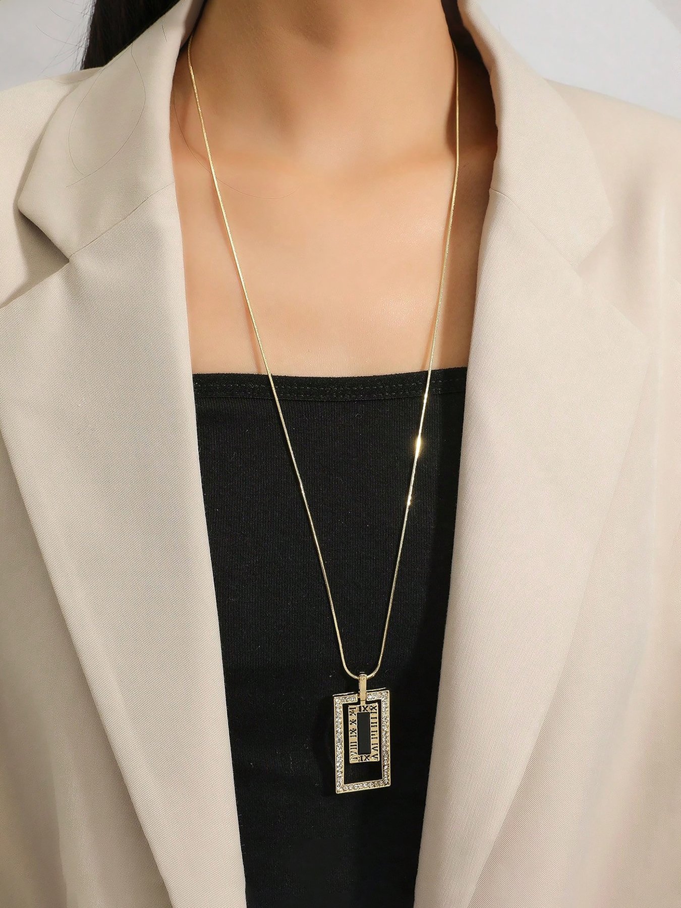 Gold Roman Numeral Rectangle Pendant Necklace