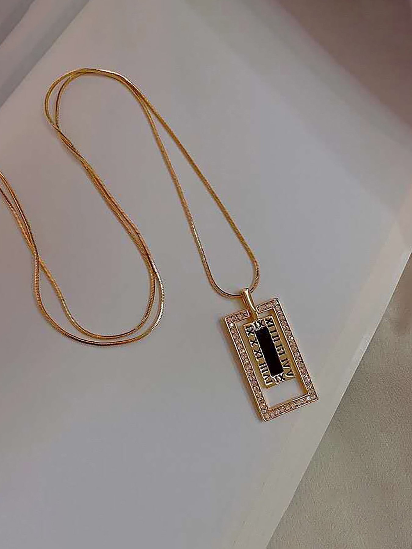 Gold Roman Numeral Rectangle Pendant Necklace