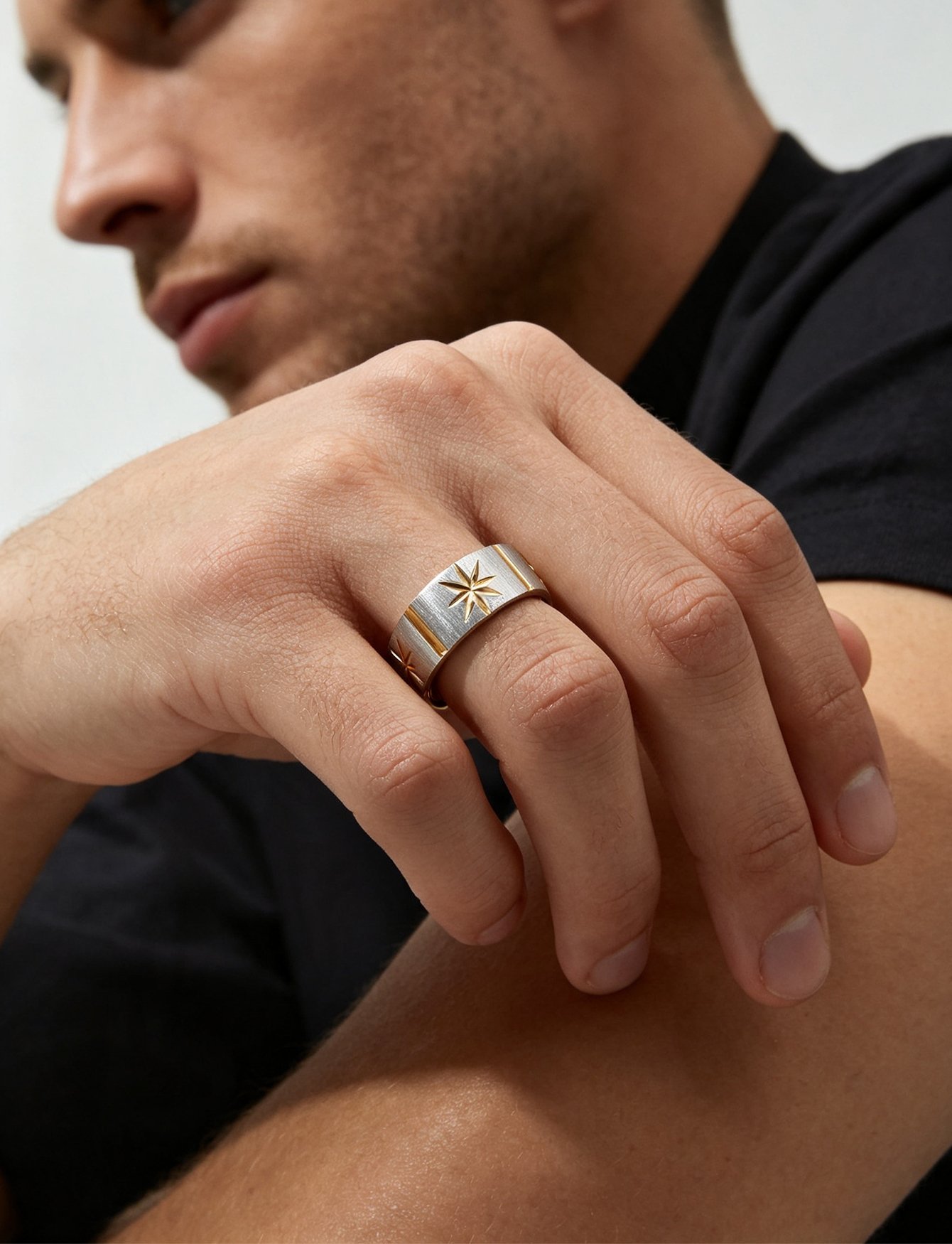 Gold and Silver Compass Star Ring