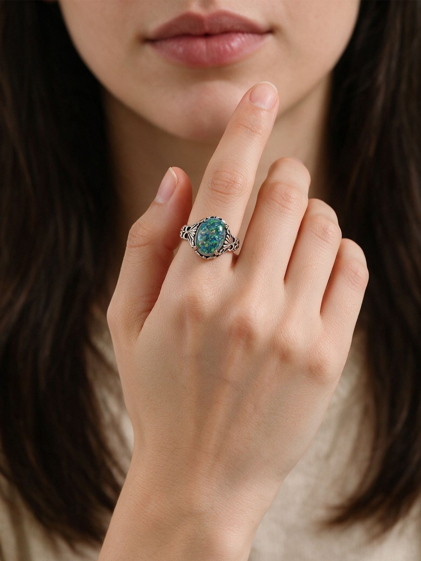 Silver Filigree Ring with Shimmering Teal Stone