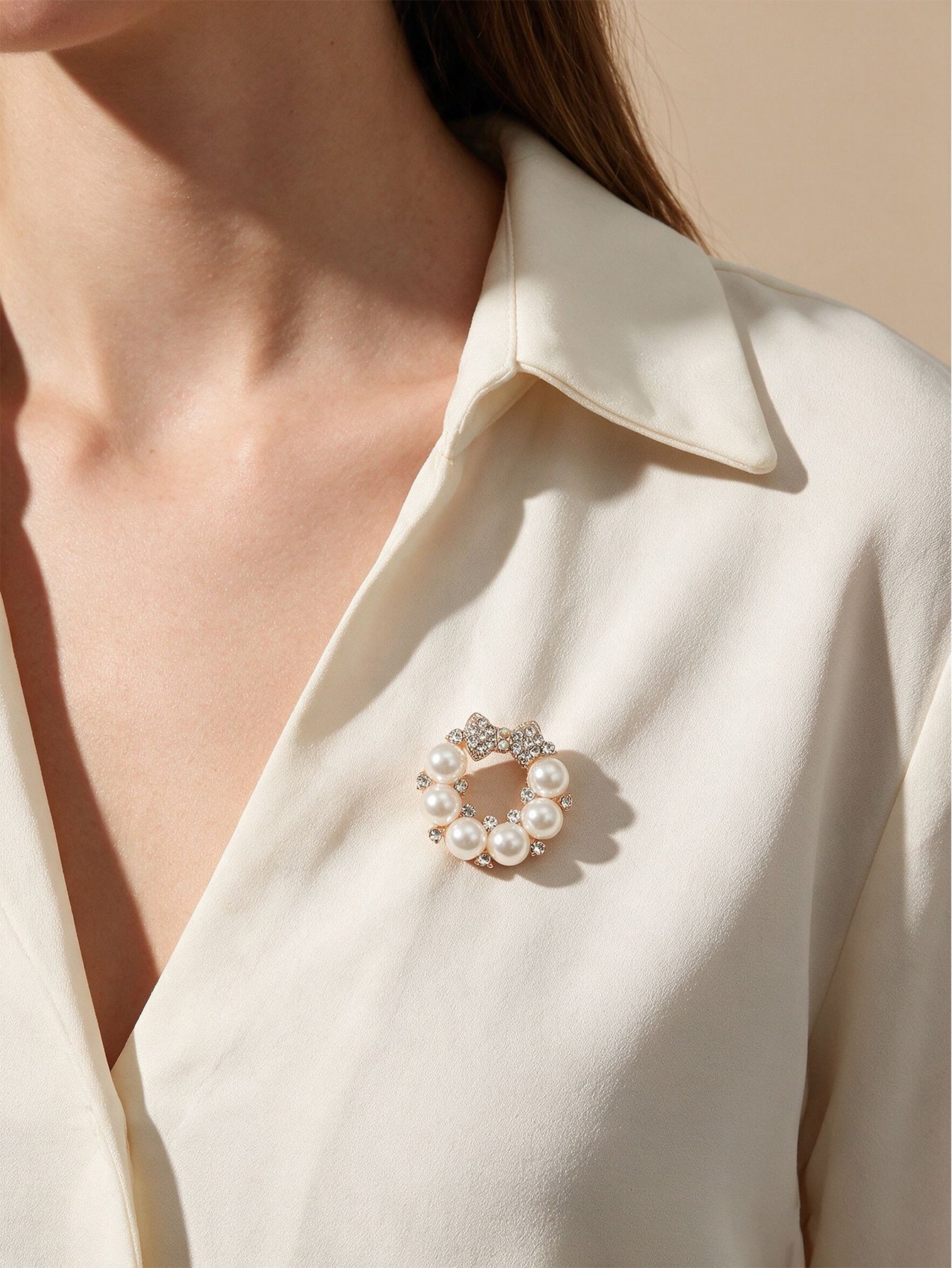 Elegant Copper Pearl and Crystal Wreath Brooch