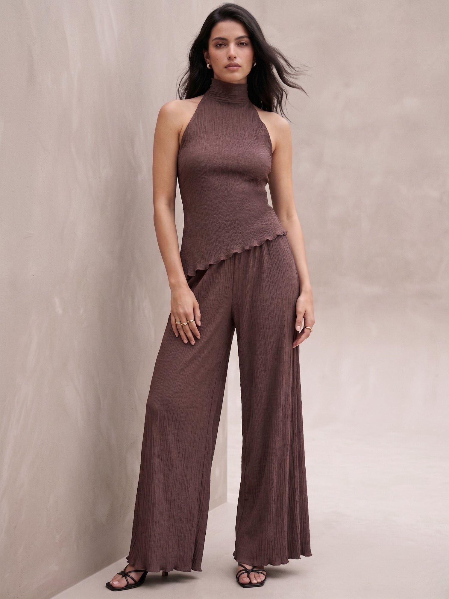 Brown Halter Neck Top And Wide-Leg Trousers Co-ord Set