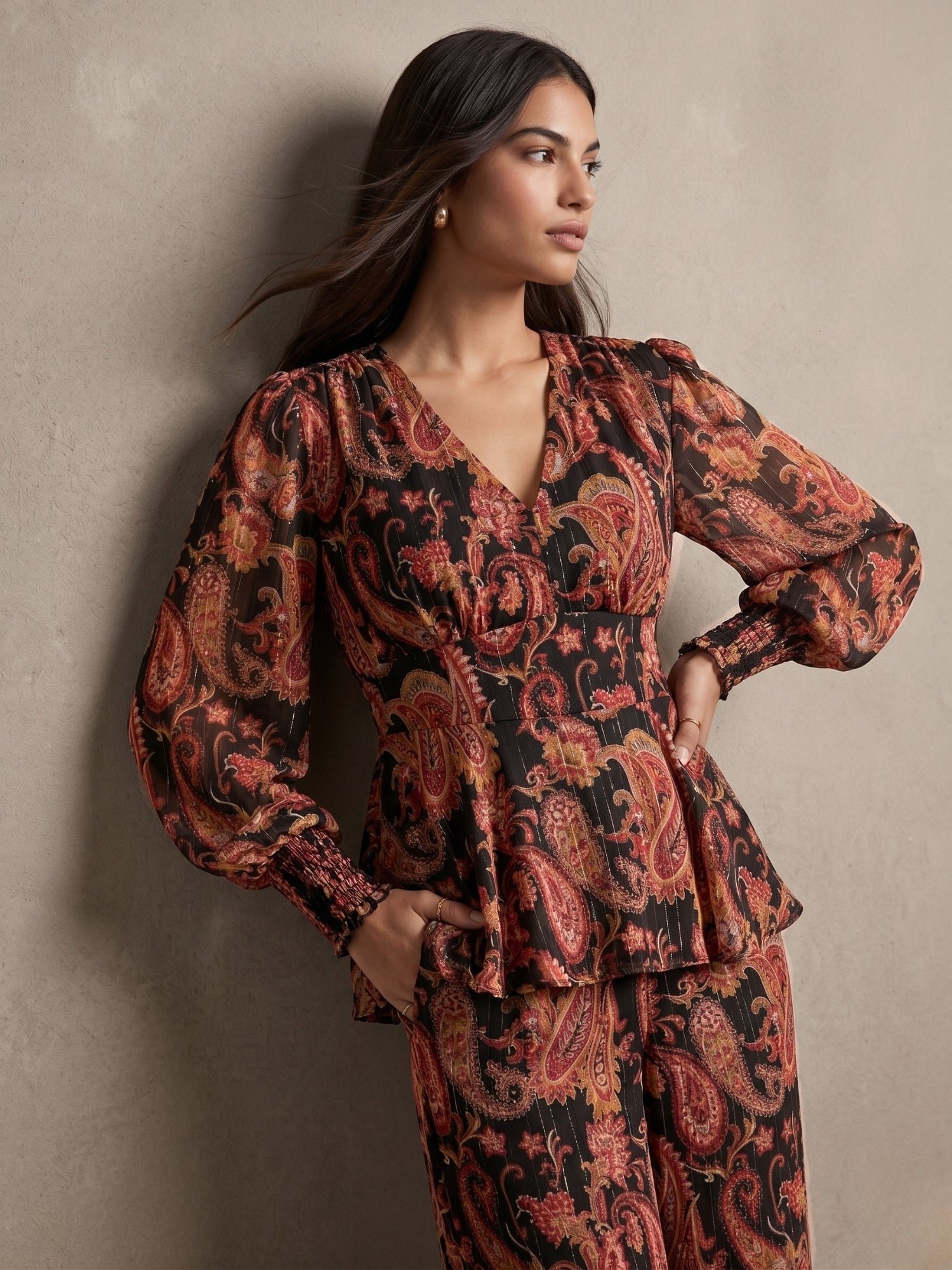 Brown Balloon Sleeve Peplum Top and Trousers Co-ord Set