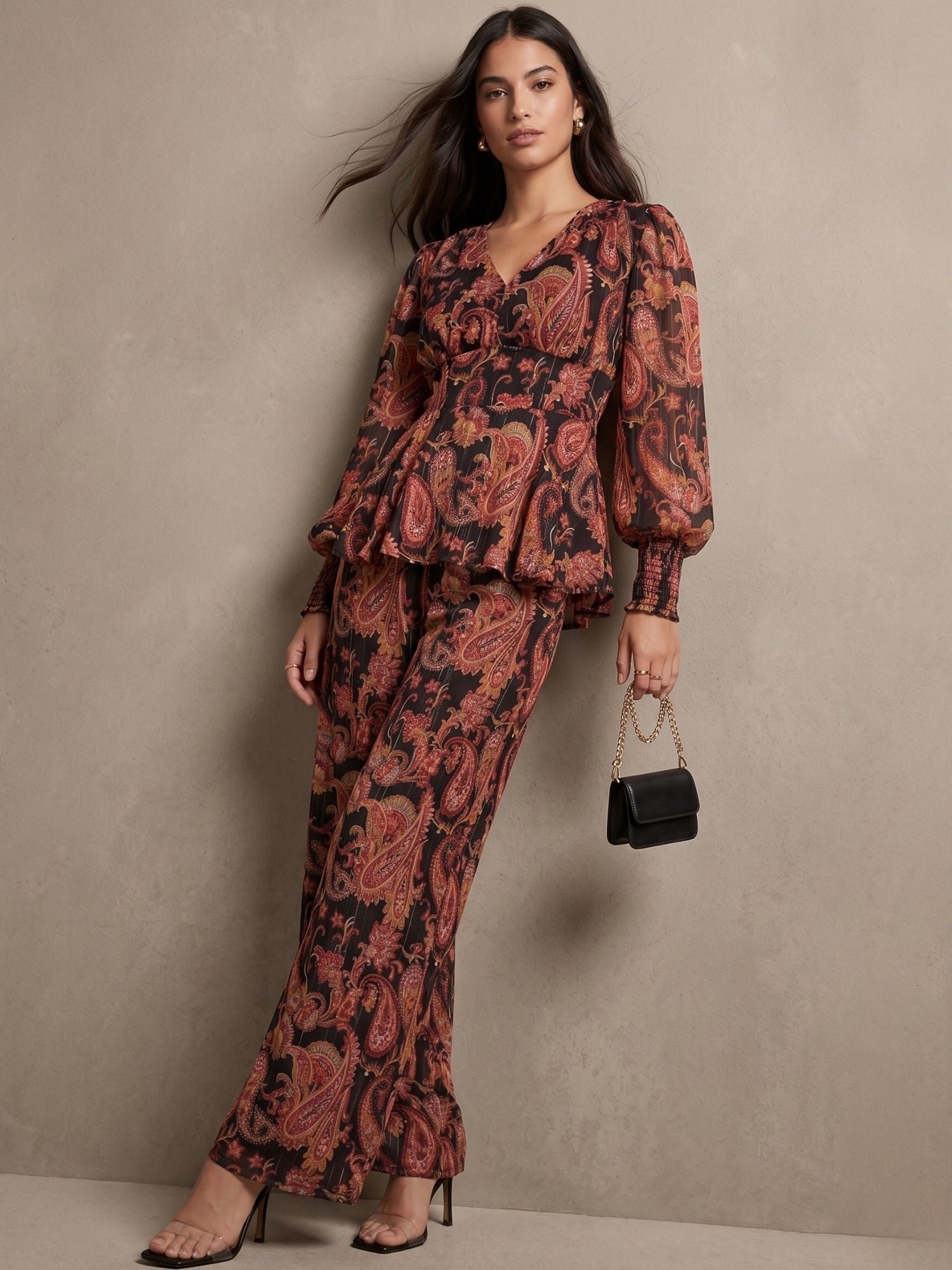 Brown Balloon Sleeve Peplum Top and Trousers Co-ord Set