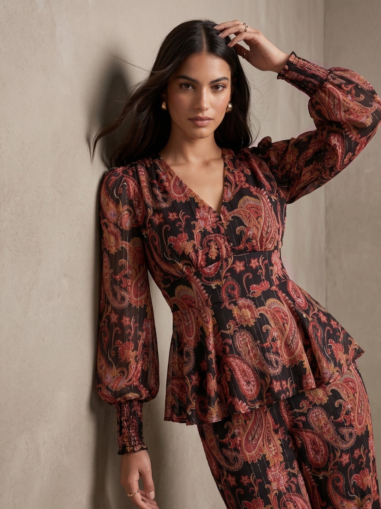 Brown Balloon Sleeve Peplum Top and Trousers Co-ord Set