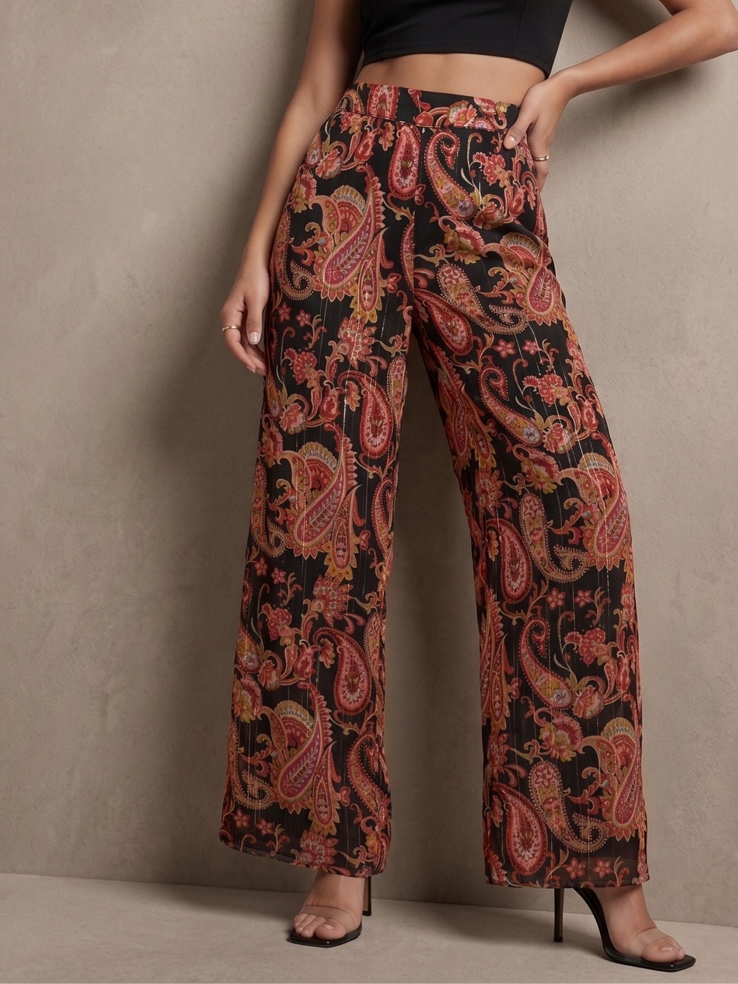 Brown Balloon Sleeve Peplum Top and Trousers Co-ord Set