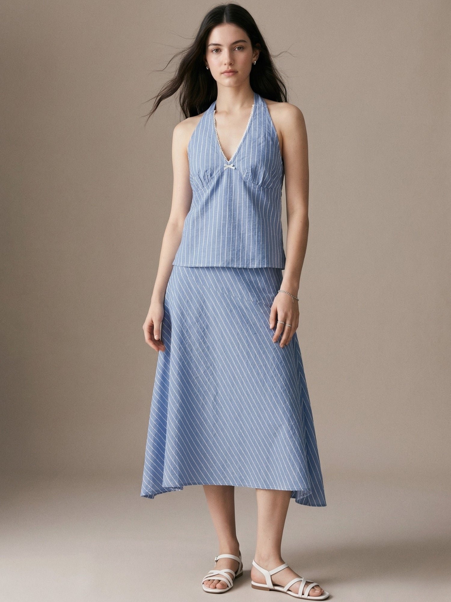 Blue Halter Neck Blouse and Handkerchief Hem Skirt Co-ord Set