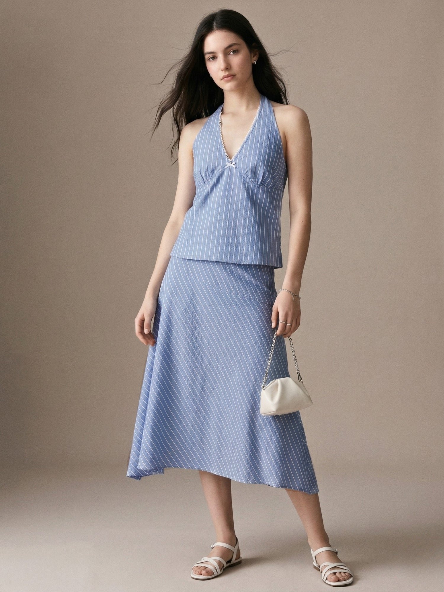 Blue Halter Neck Blouse and Handkerchief Hem Skirt Co-ord Set