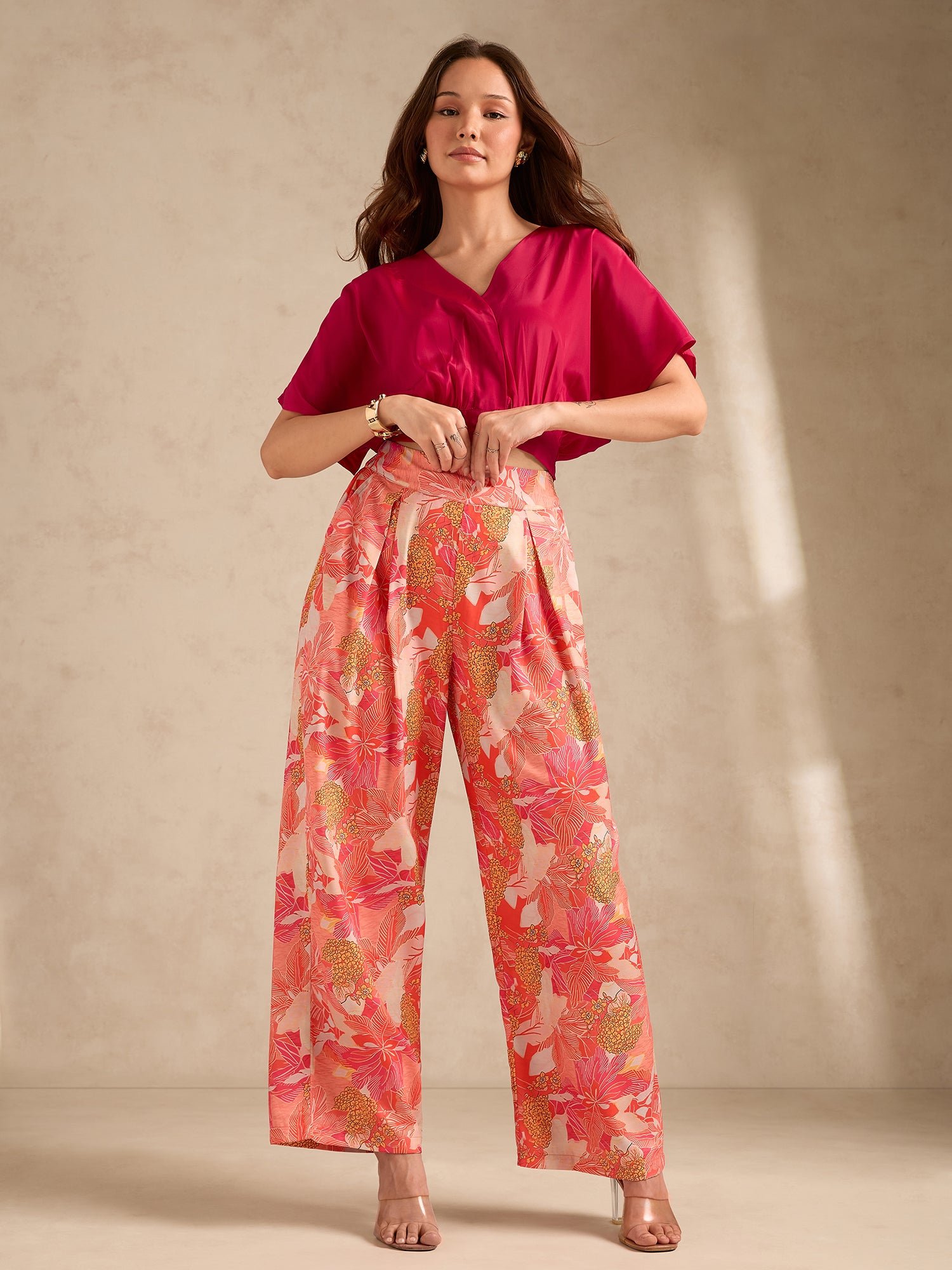 Pink Solid Crop Top and High Rise Wide Leg Trousers Co-Ord Set