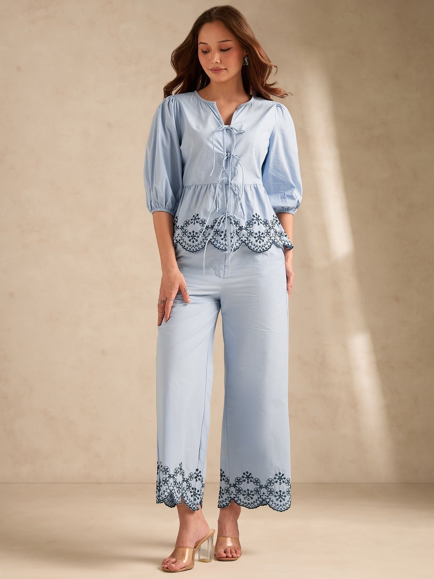 Blue Schiffli Tie-Up Top and Trousers Co-ord Set