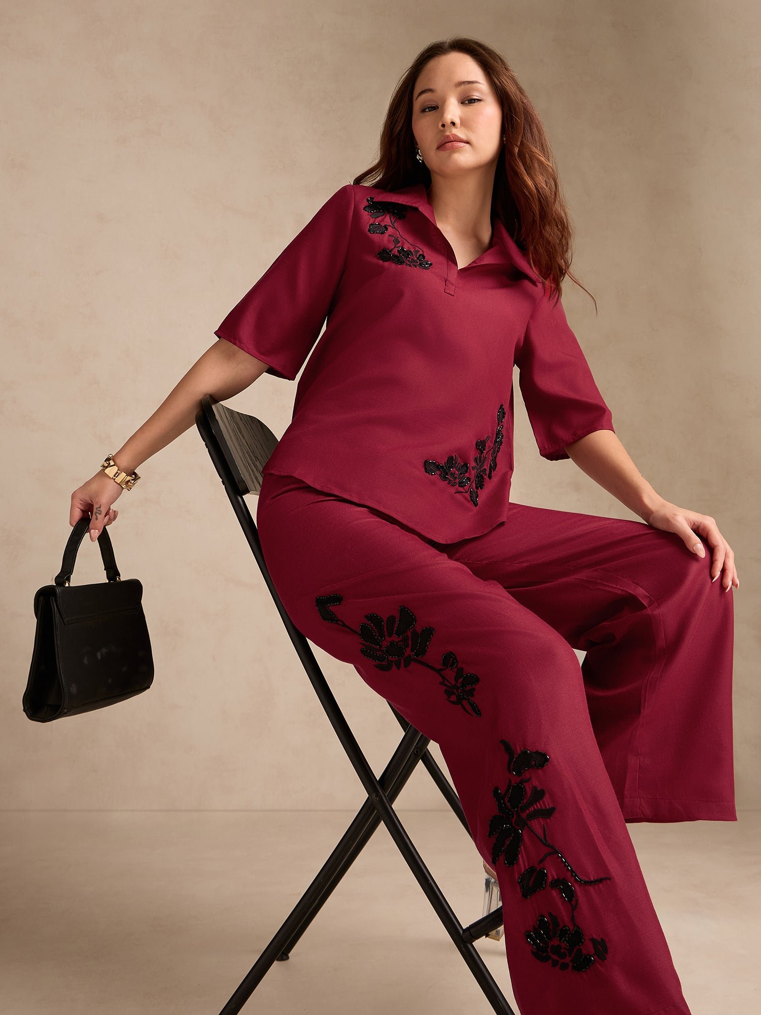 Red Beaded Top and Trousers Co-ord Set