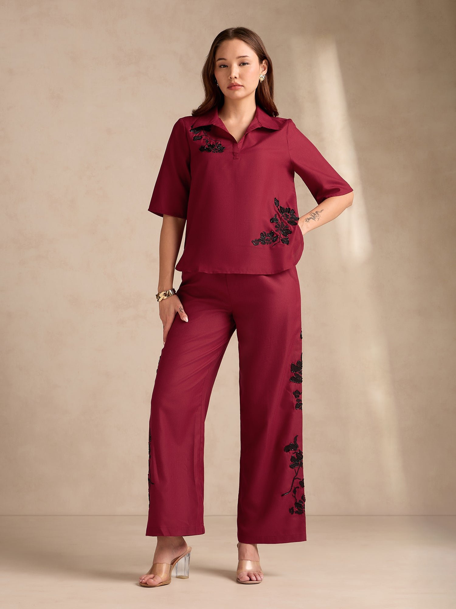 Red Beaded Top and Trousers Co-ord Set