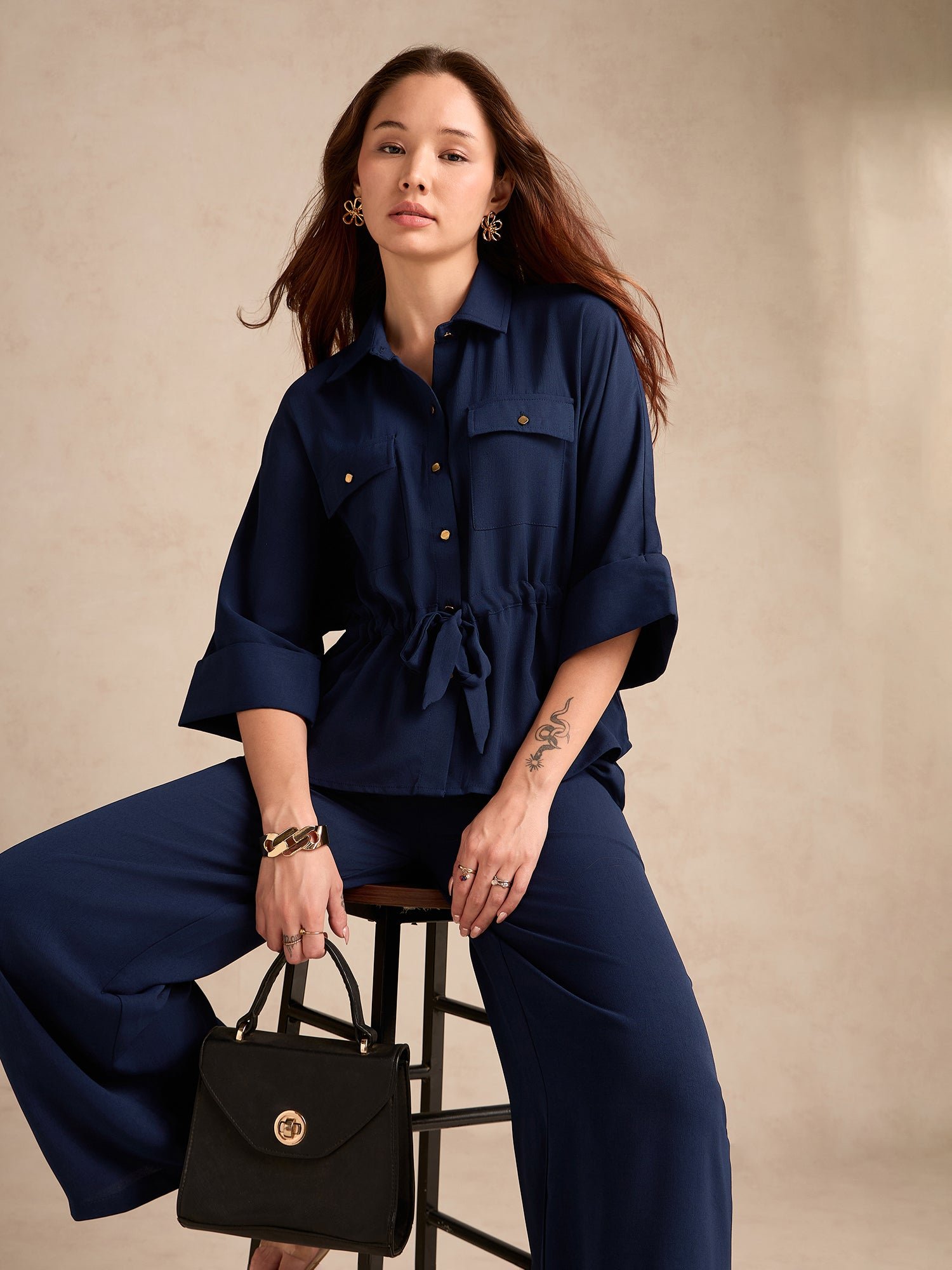 Navy Blue Oversized Utility Shirt and Wide Leg Trousers Co-ord Set