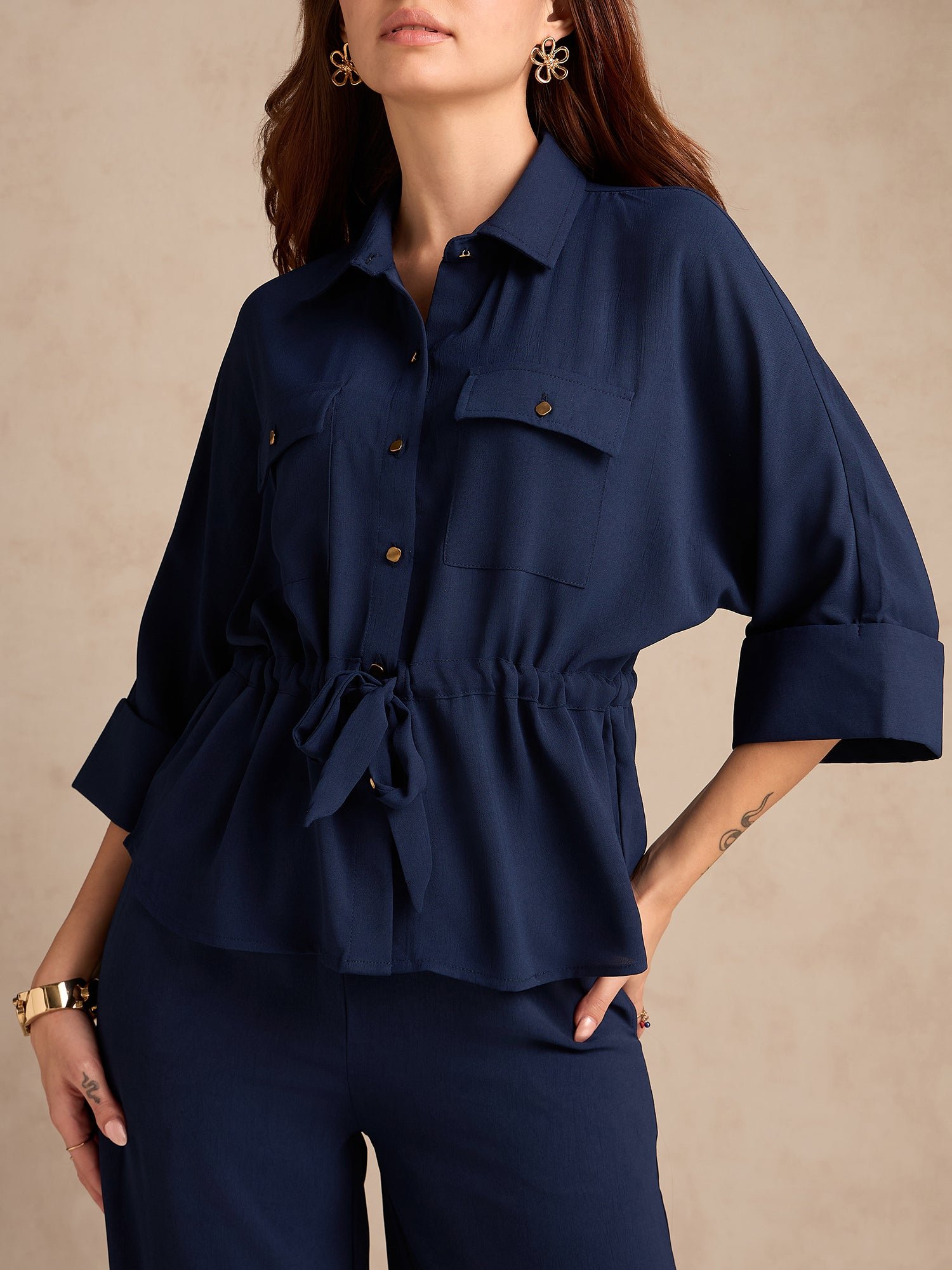 Navy Blue Oversized Utility Shirt and Wide Leg Trousers Co-ord Set