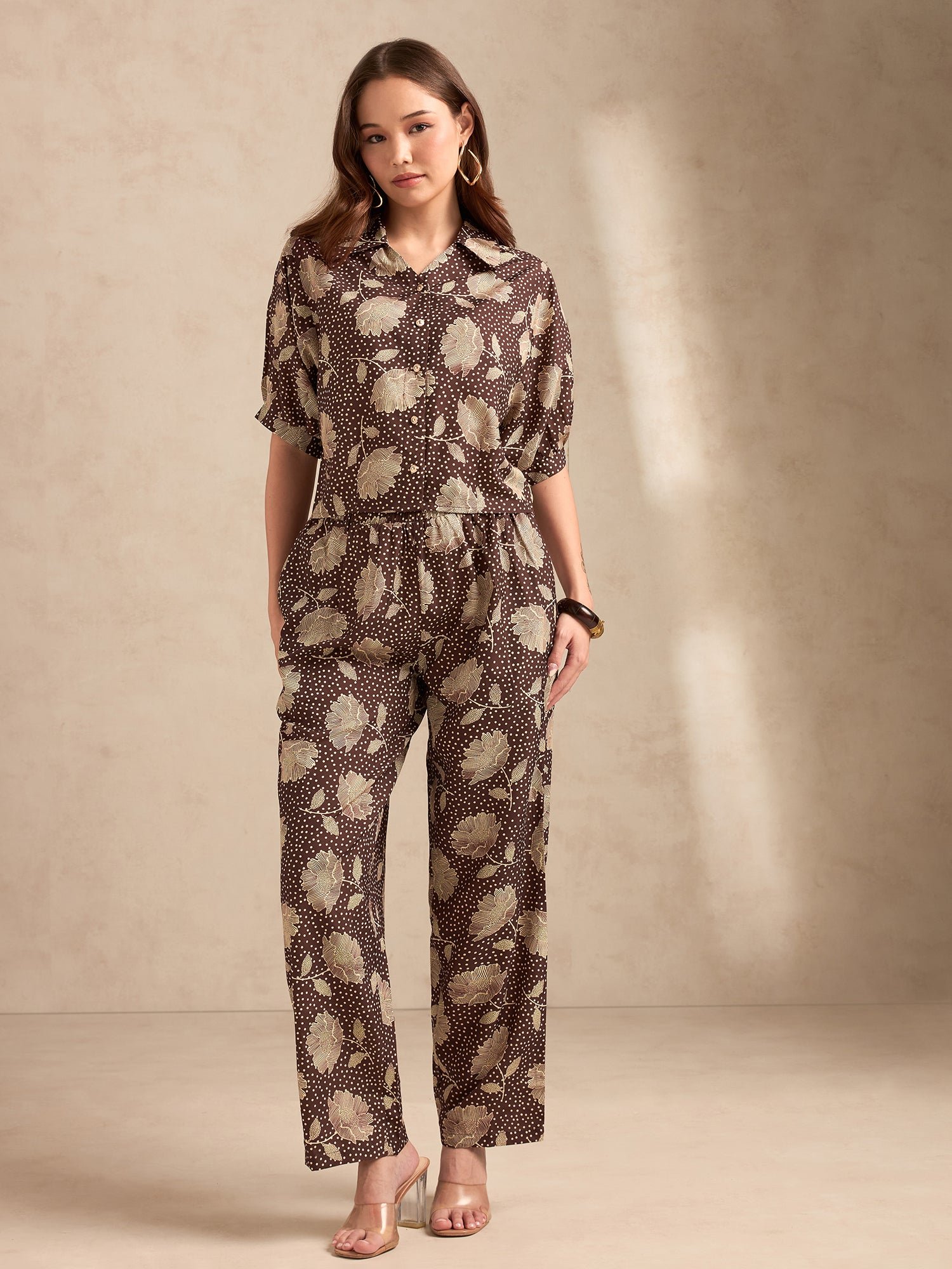 Brown All Over Print Shirt and Pants Co-Ord Set