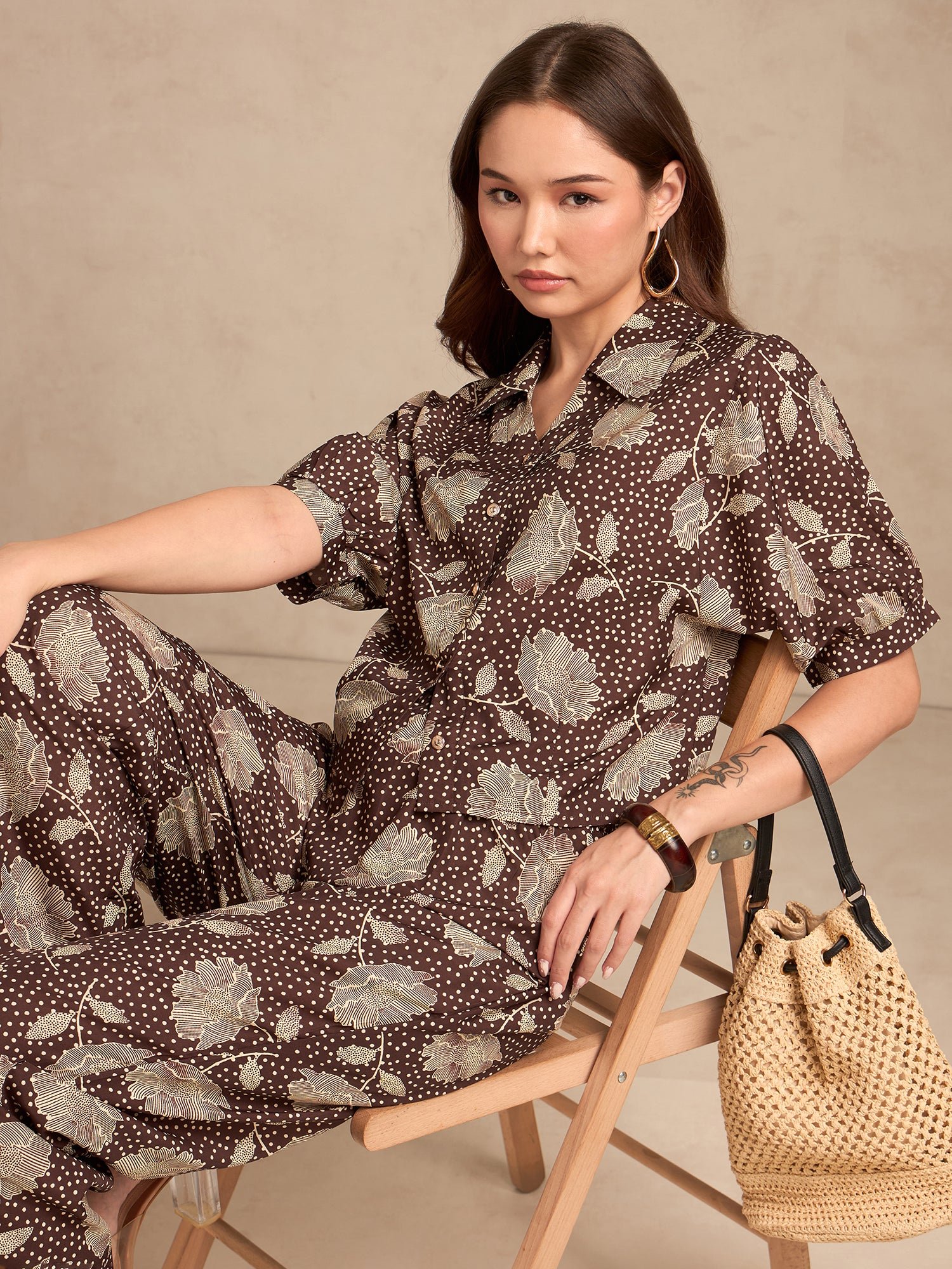 Brown All Over Print Shirt and Pants Co-Ord Set