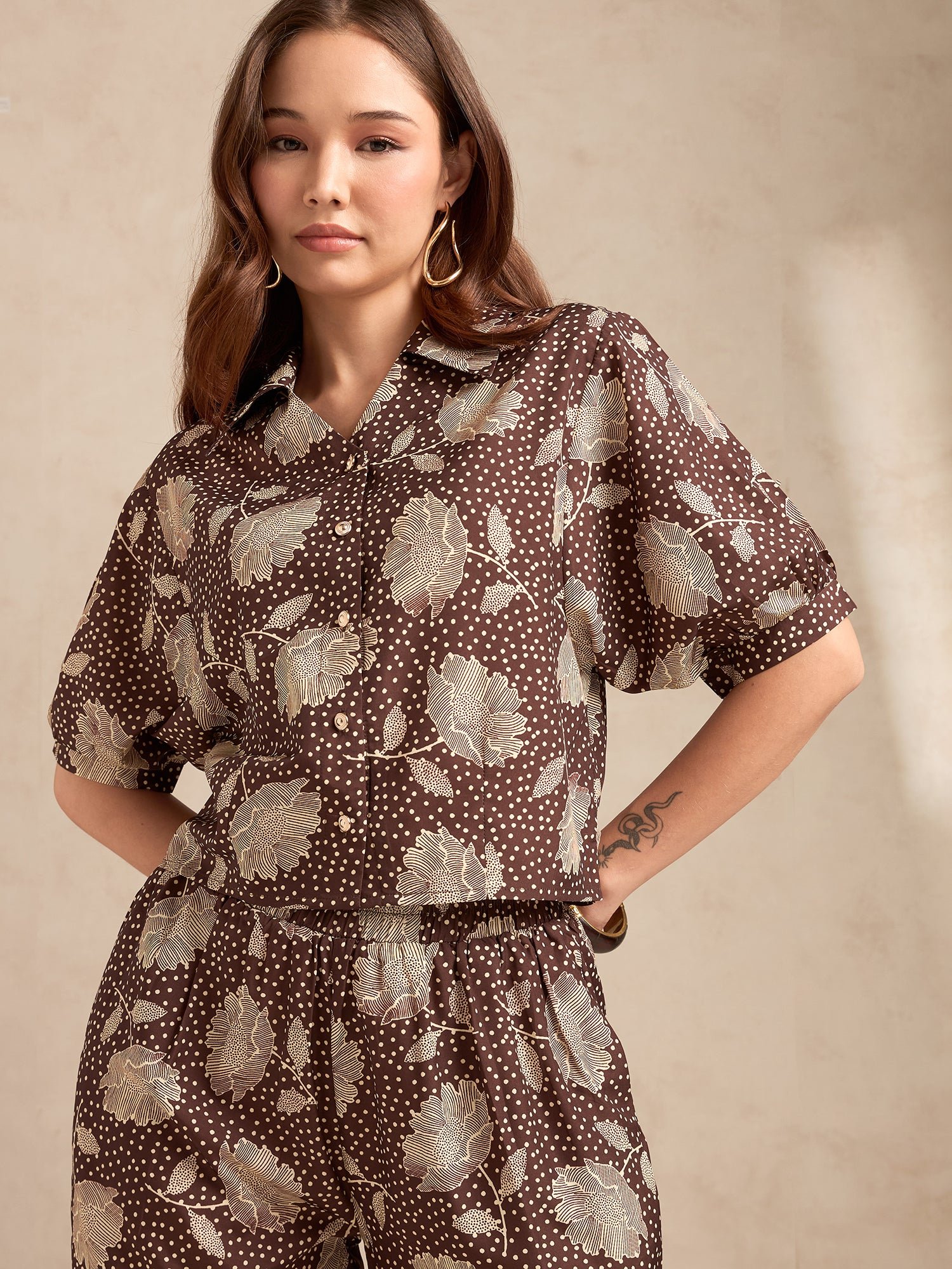 Brown All Over Print Shirt and Pants Co-Ord Set