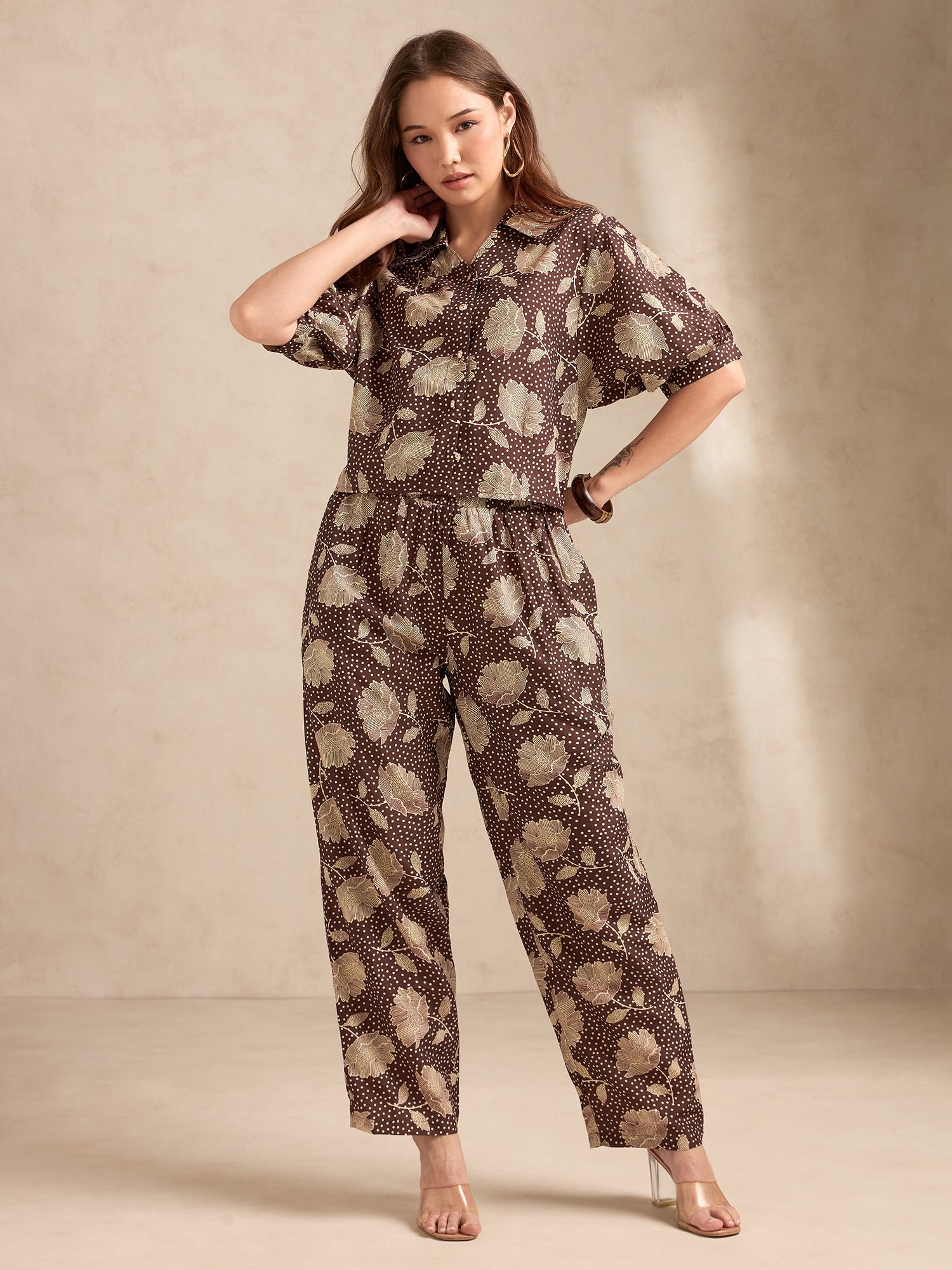 Brown All Over Print Shirt and Pants Co-Ord Set