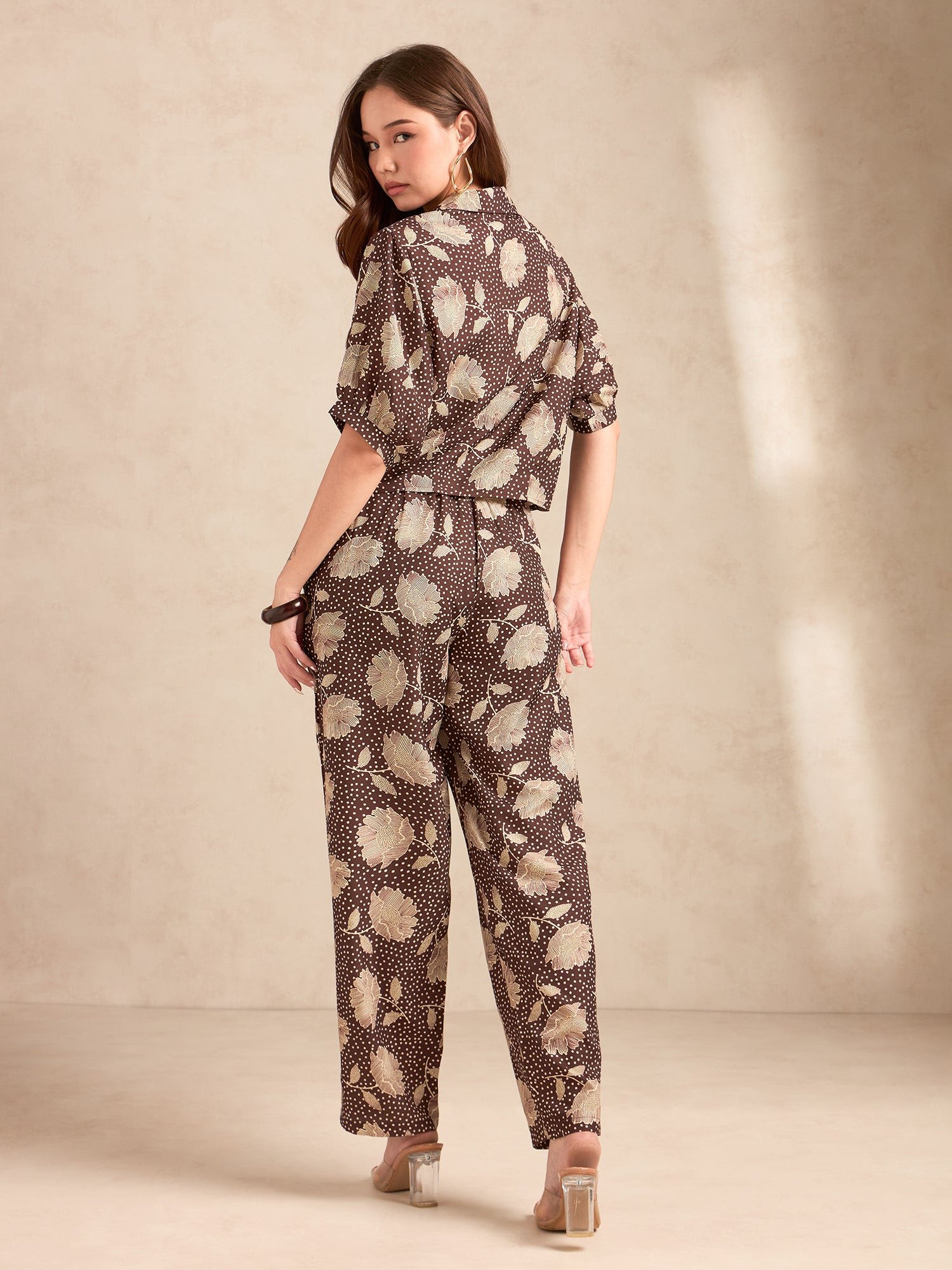 Brown All Over Print Shirt and Pants Co-Ord Set