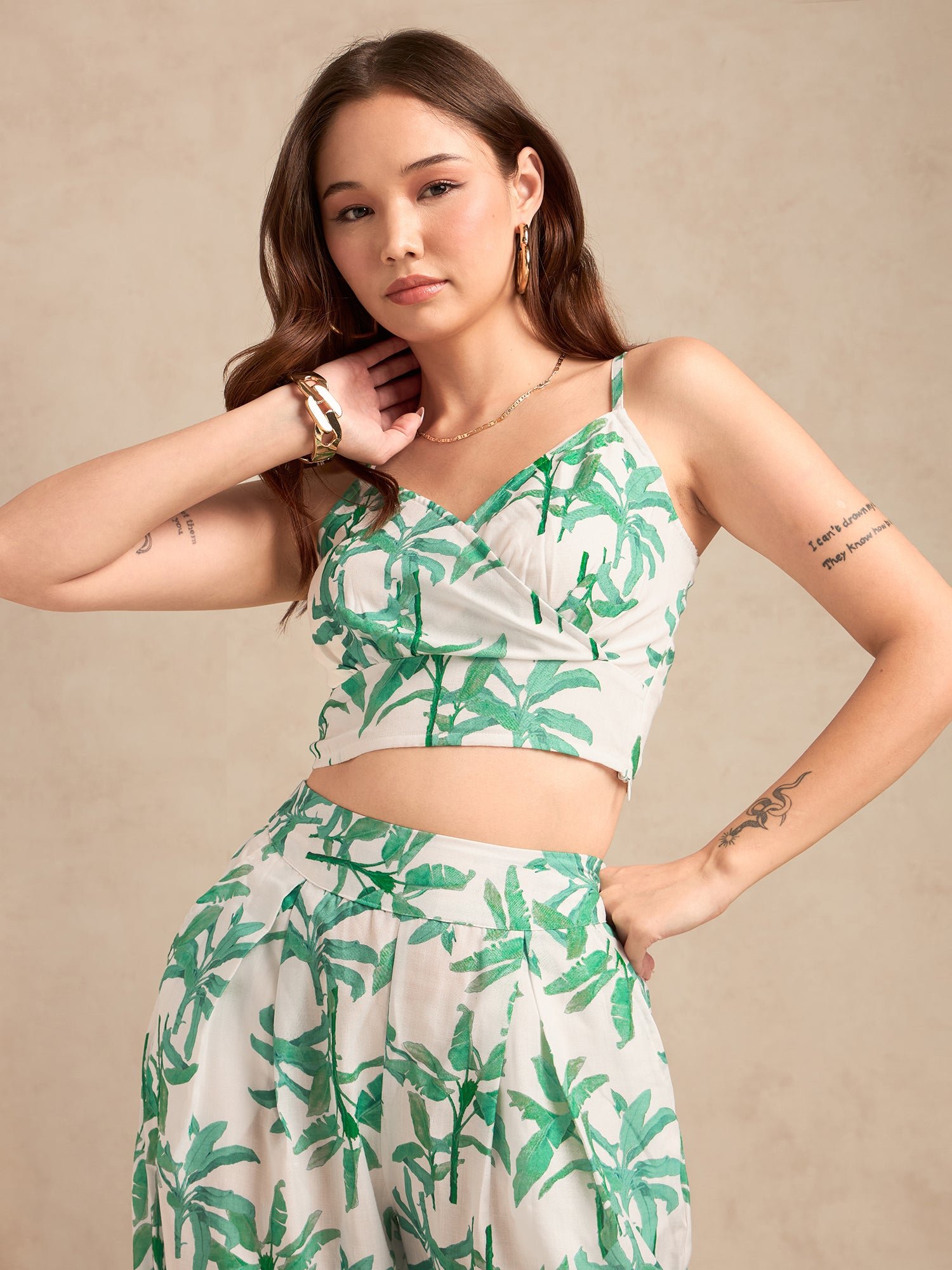 Off White Tropical Print Crop Top and Pants Co-ord Set