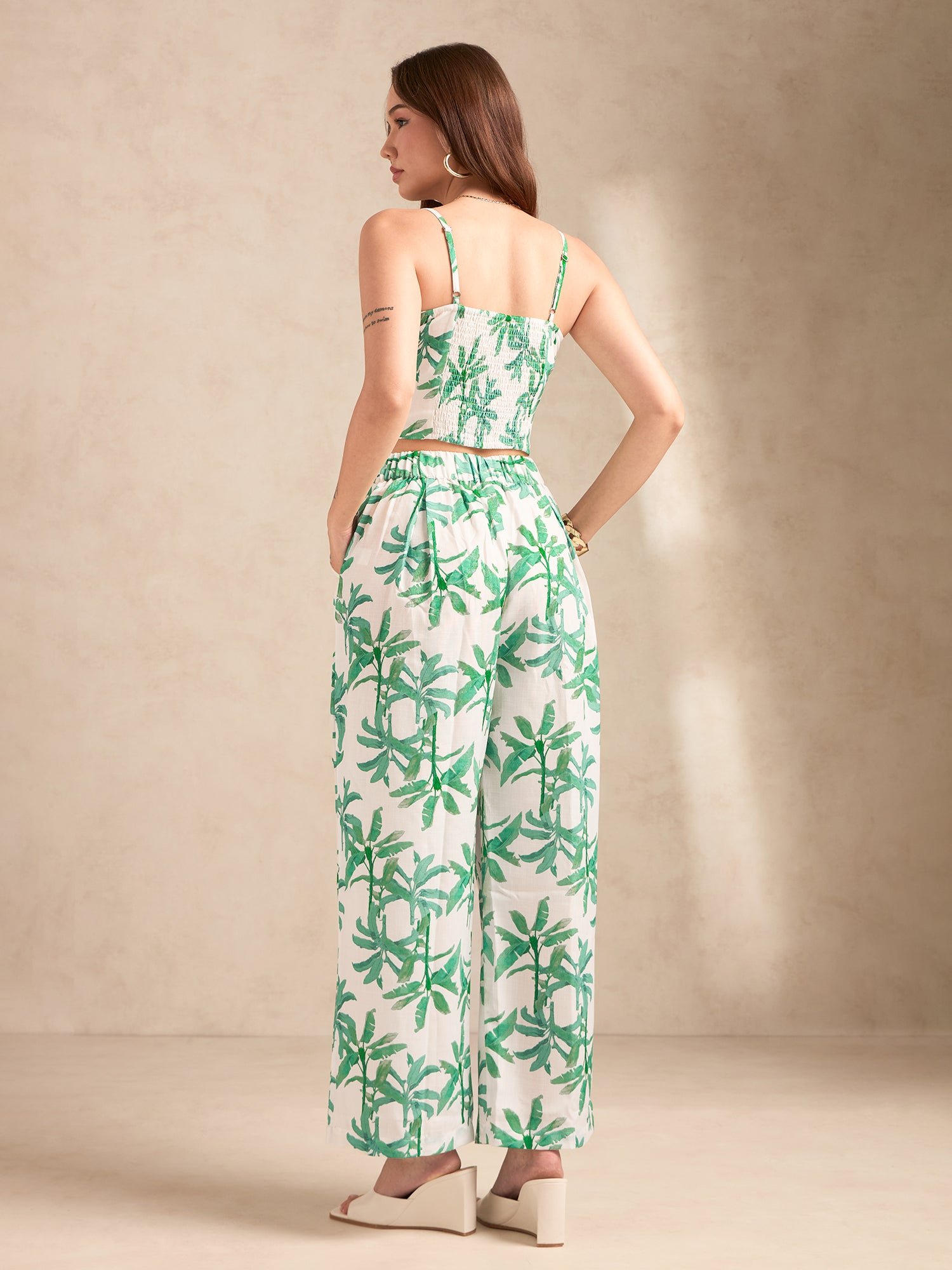 Off White Tropical Print Crop Top and Pants Co-ord Set