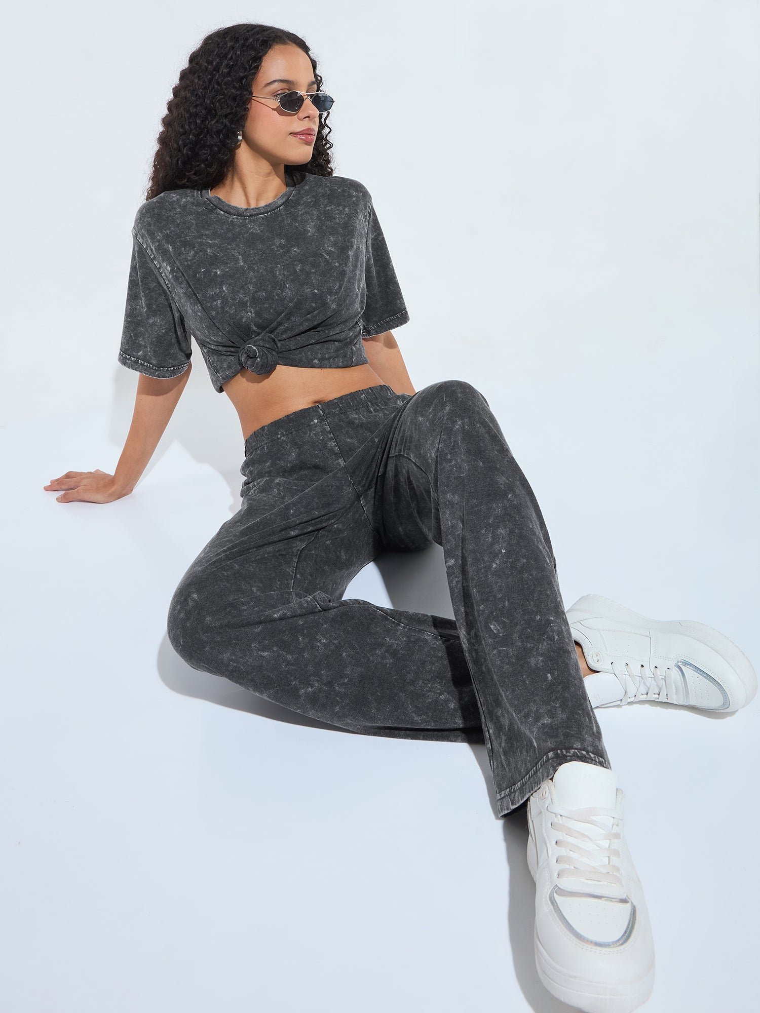 Grey Acid Wash T-Shirt and Straight Pants Co-ord Set