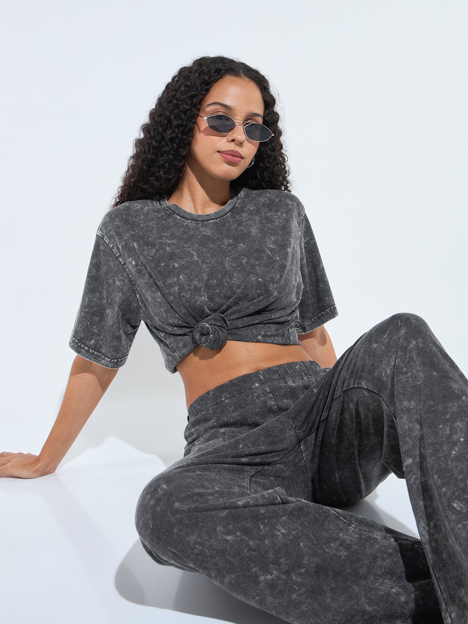 Grey Acid Wash T-Shirt and Straight Pants Co-ord Set