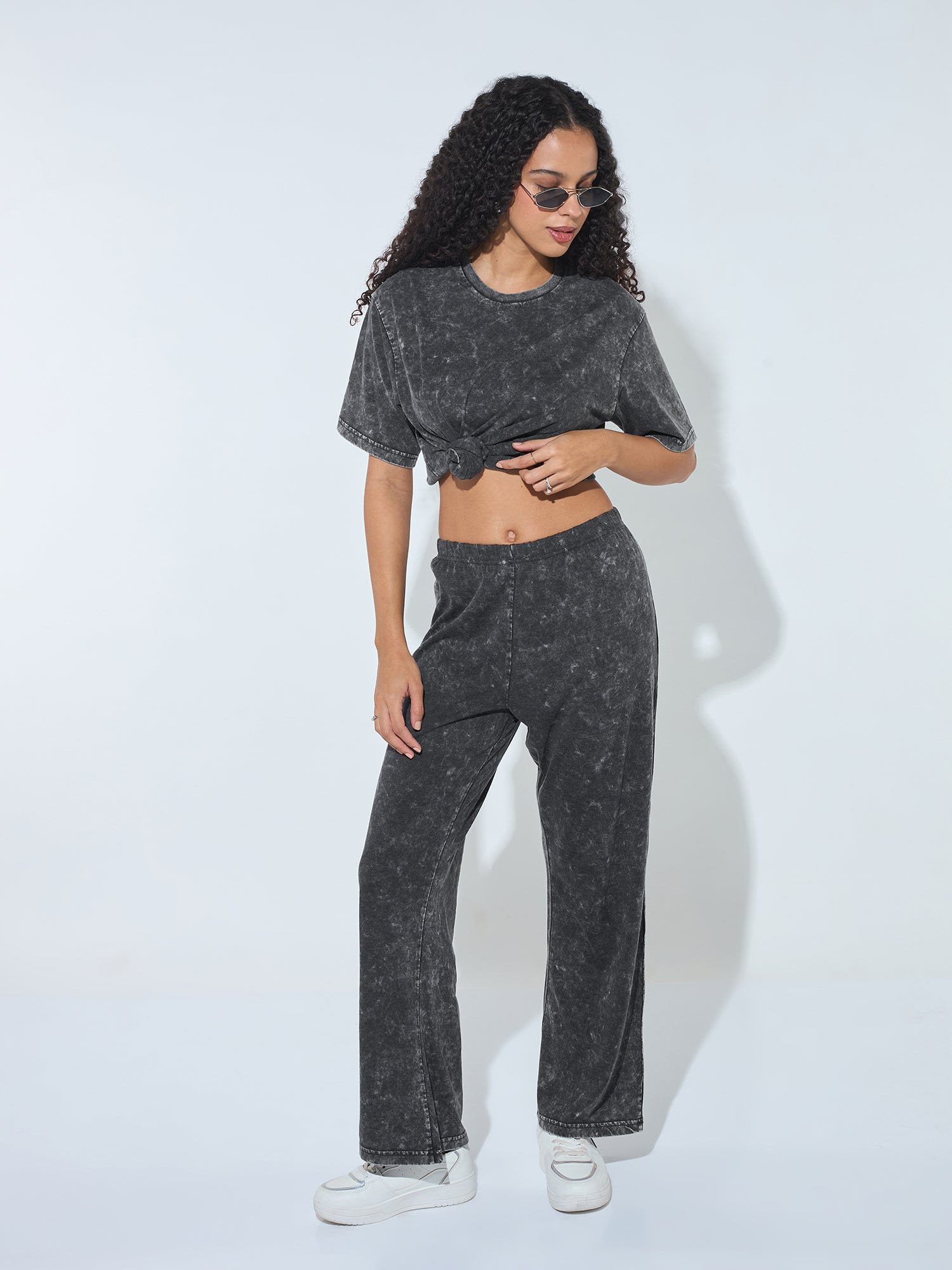 Grey Acid Wash T-Shirt and Straight Pants Co-ord Set