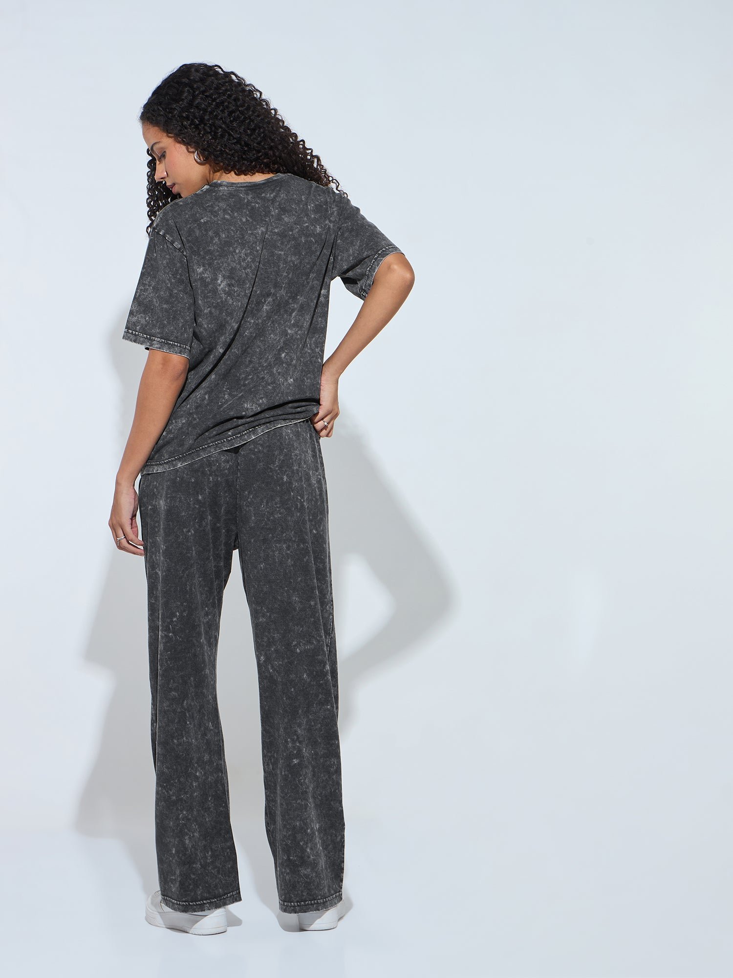 Grey Acid Wash T-Shirt and Straight Pants Co-ord Set
