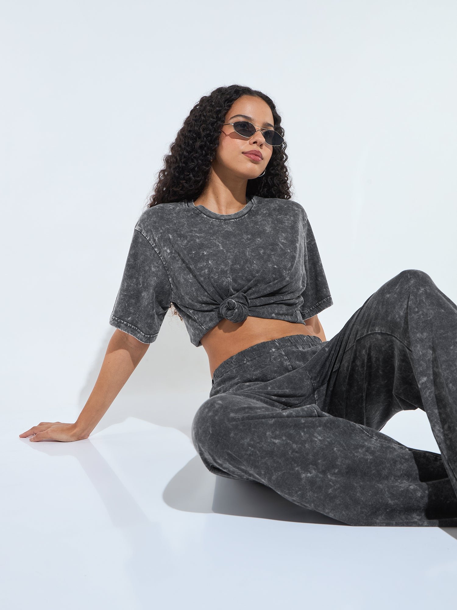 Grey Acid Wash T-Shirt and Straight Pants Co-ord Set