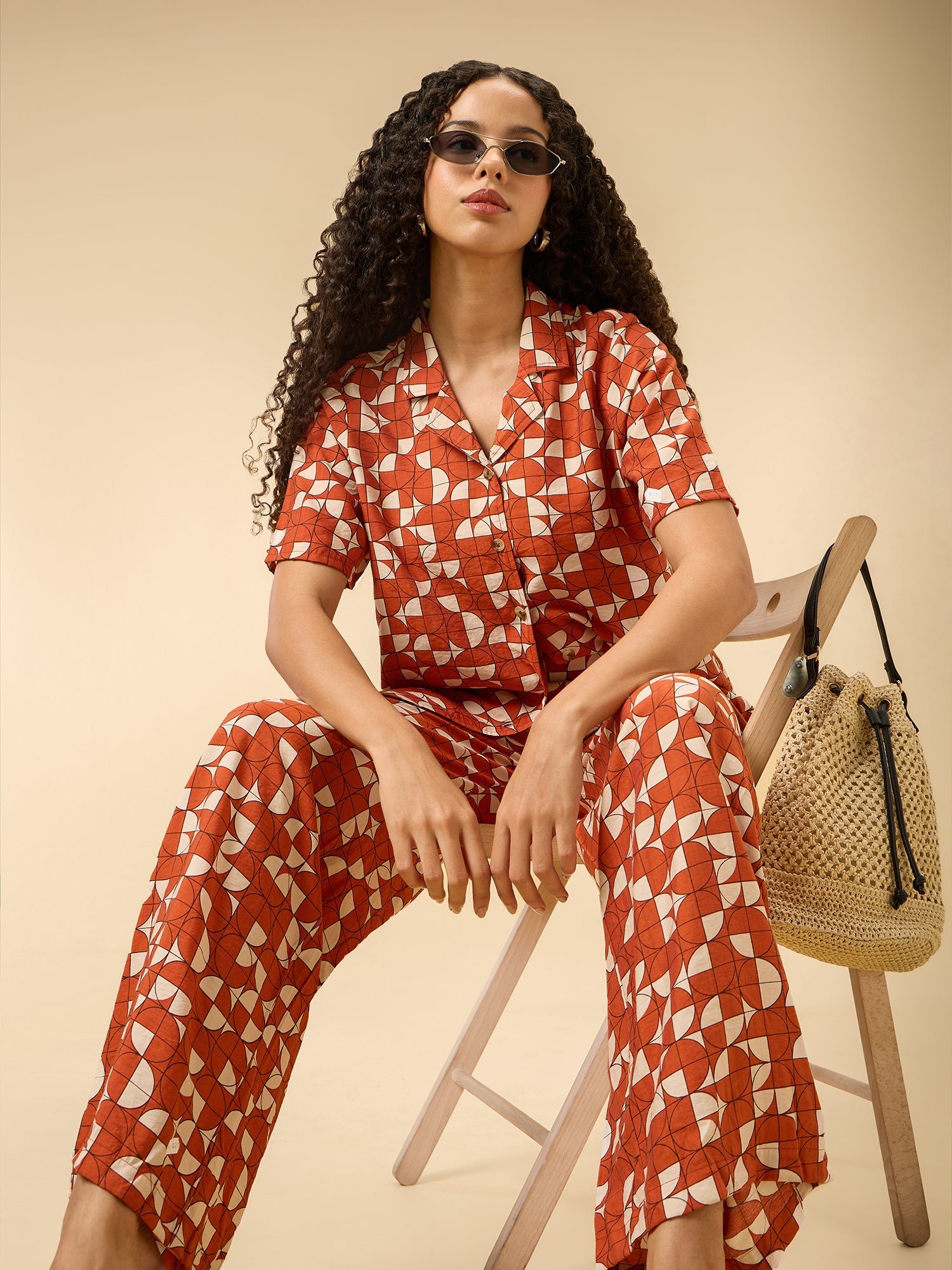 Rust Abstract Print Shirt and Pants Co Ord Set