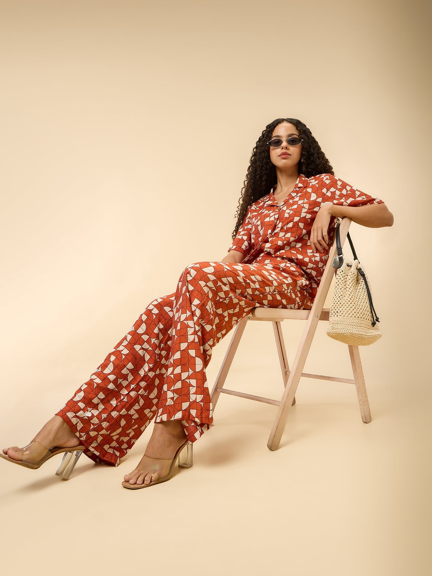 Rust Abstract Print Shirt and Pants Co Ord Set