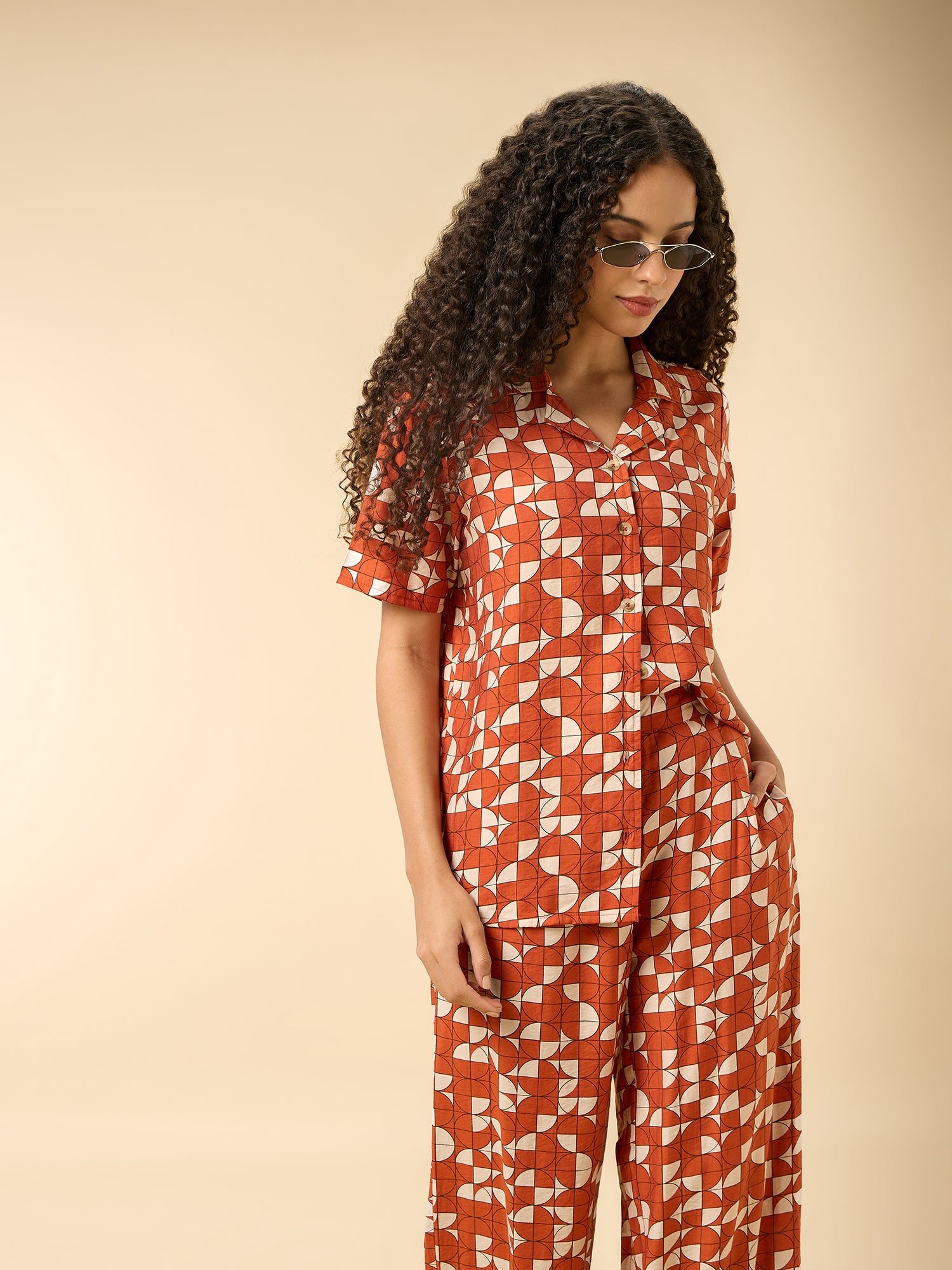 Rust Abstract Print Shirt and Pants Co Ord Set