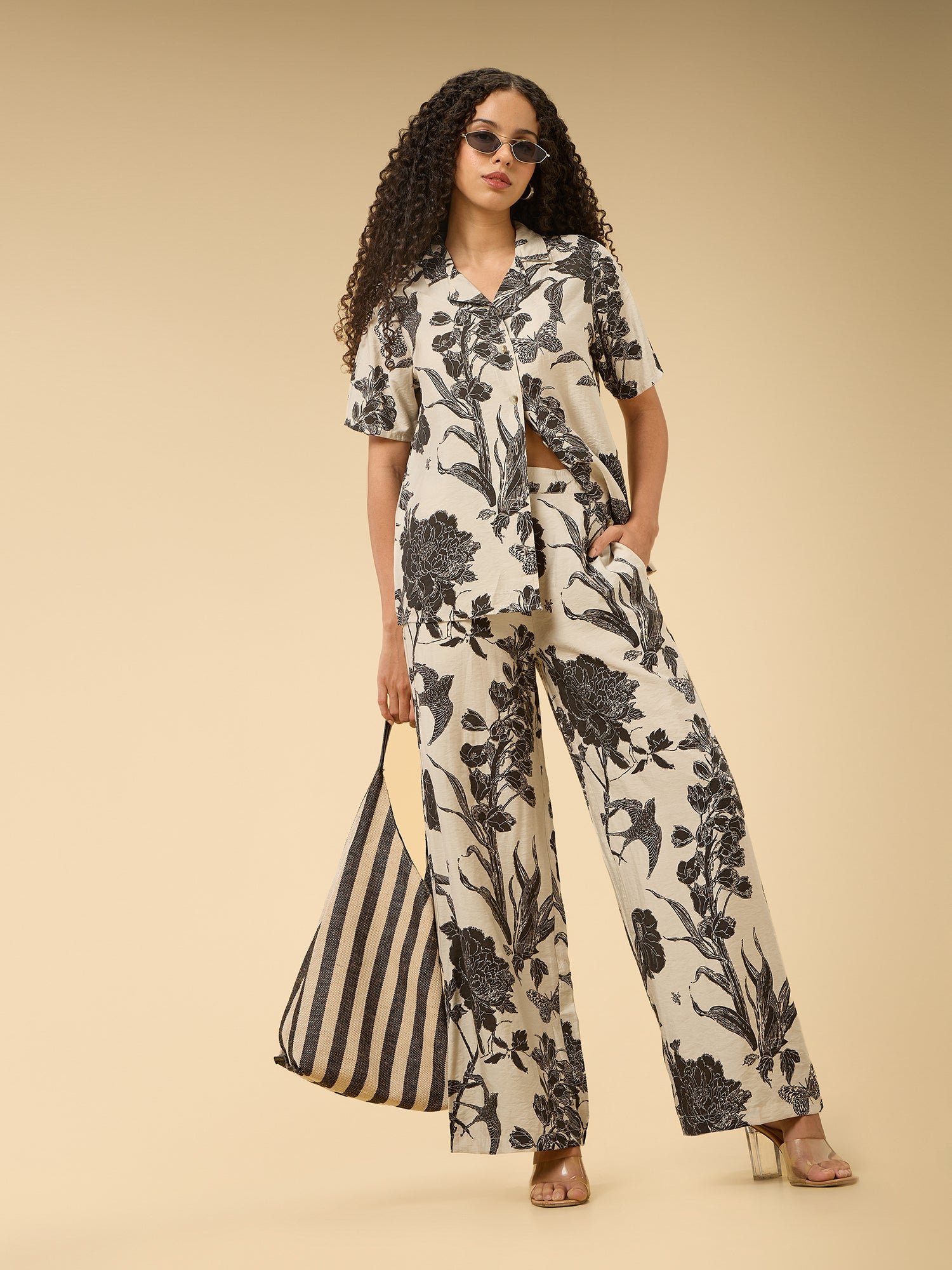 Off White Floral Printed Shirt and Pants Co-Ord Set