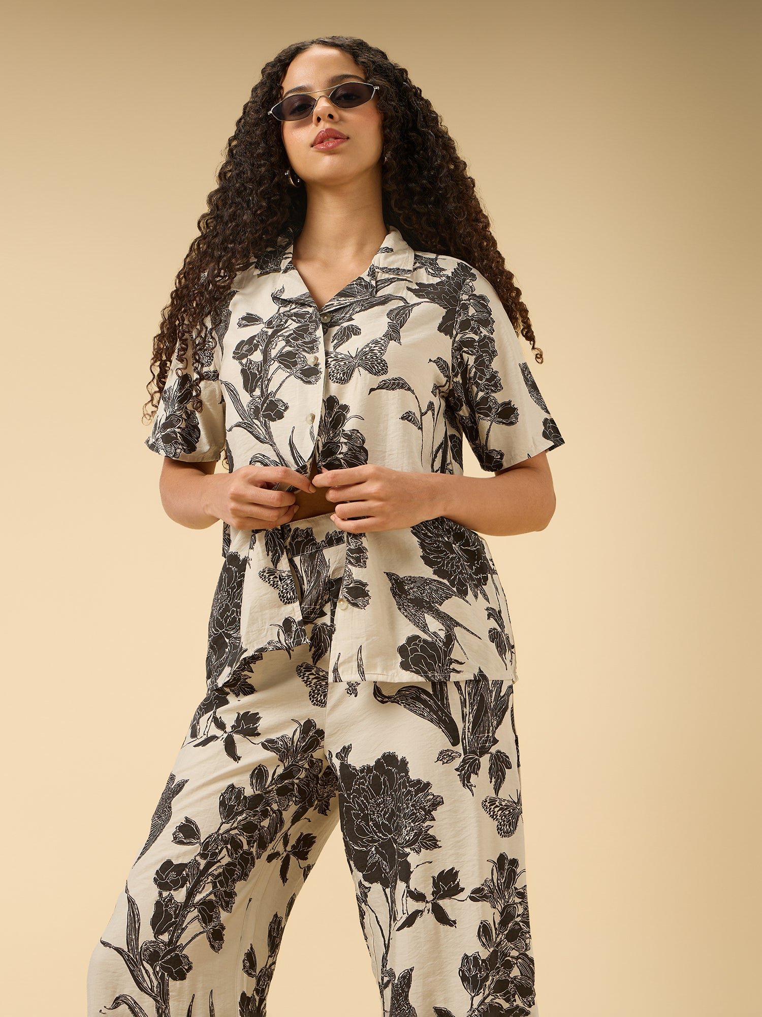 Off White Floral Printed Shirt and Pants Co-Ord Set