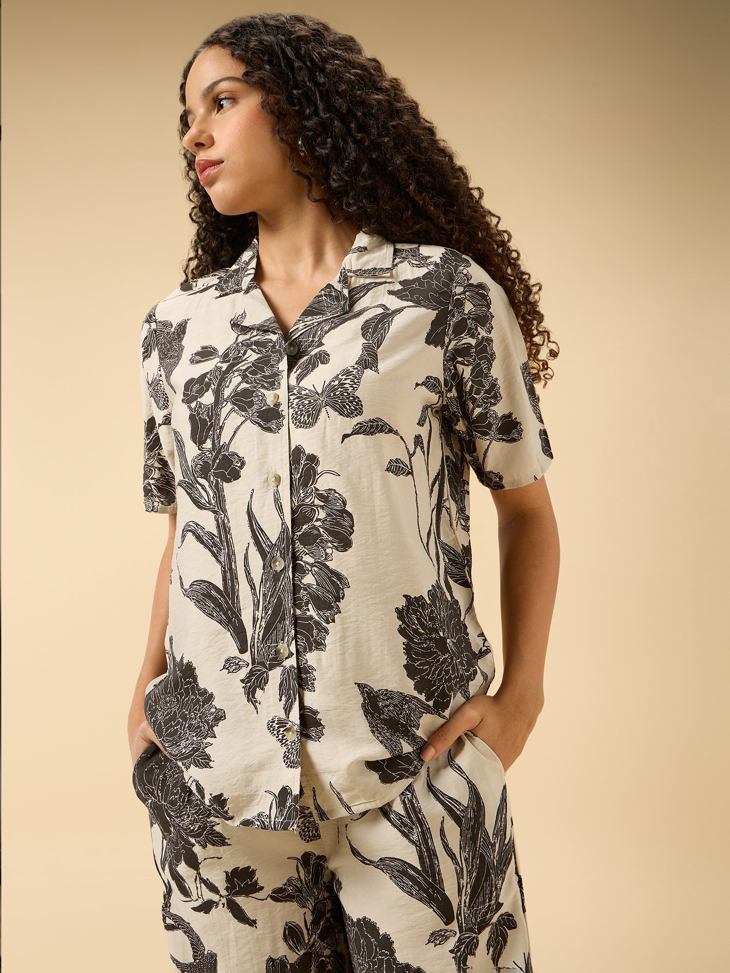 Off White Floral Printed Shirt and Pants Co-Ord Set