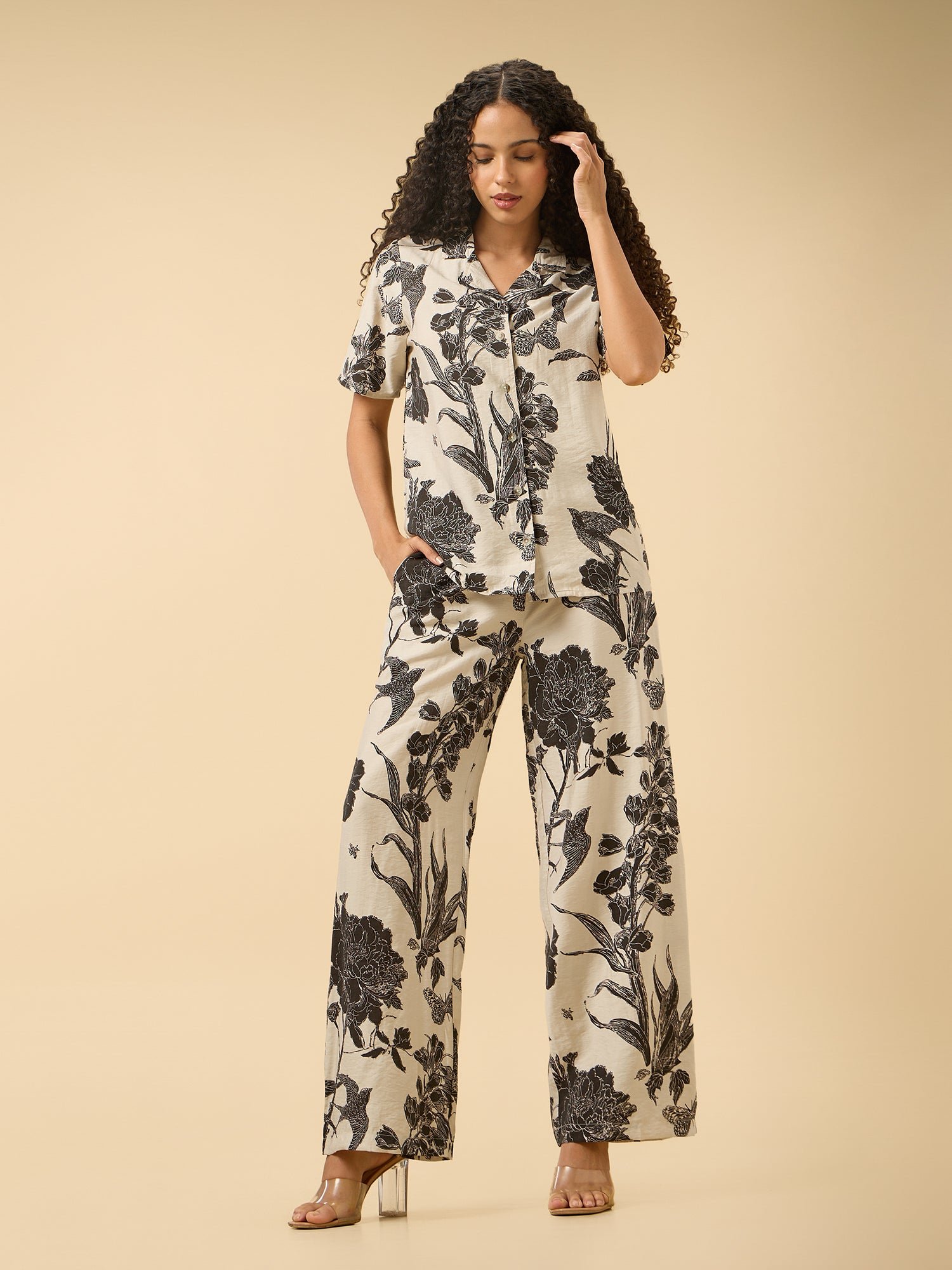 Off White Floral Printed Shirt and Pants Co-Ord Set