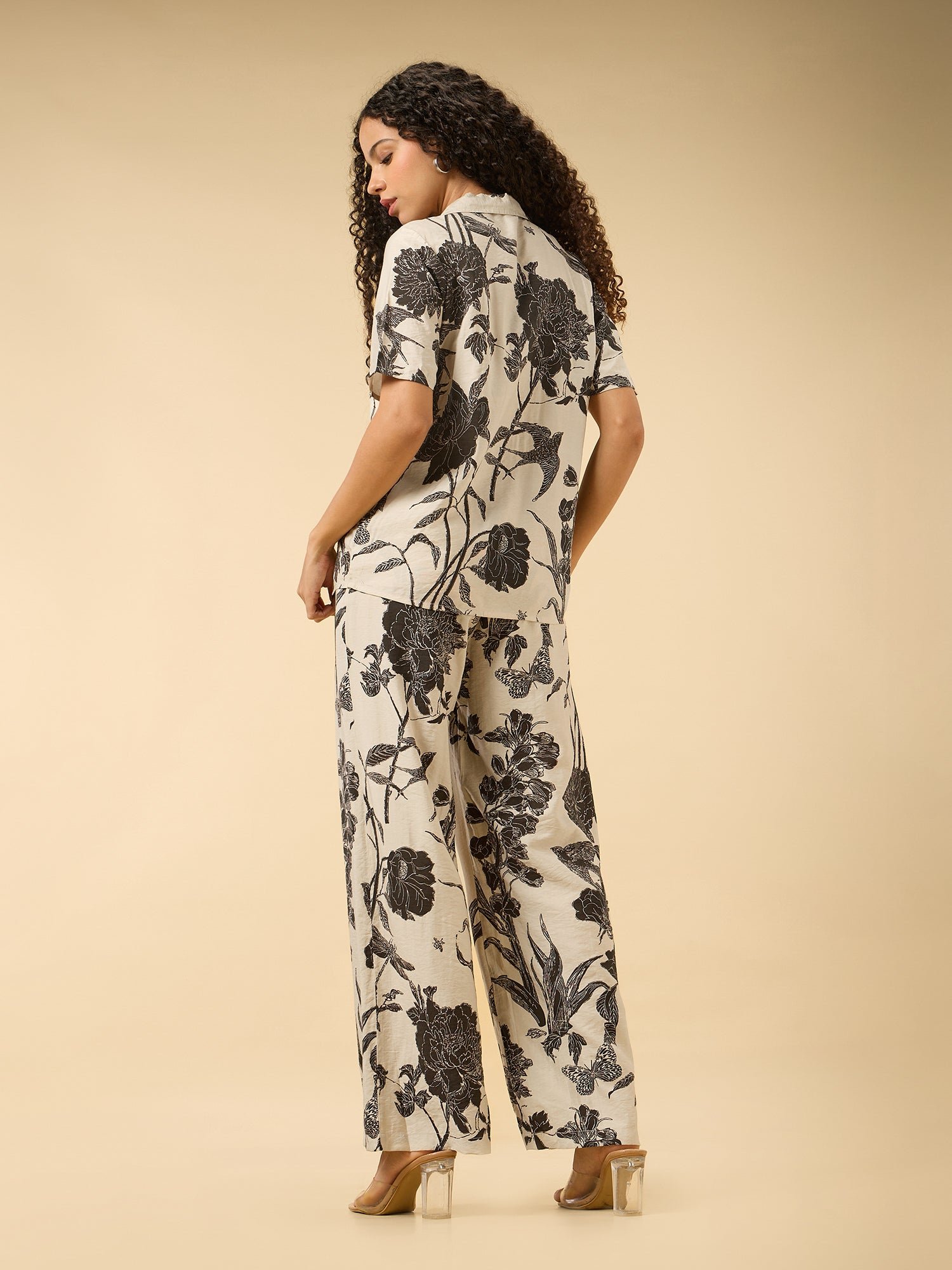 Off White Floral Printed Shirt and Pants Co-Ord Set
