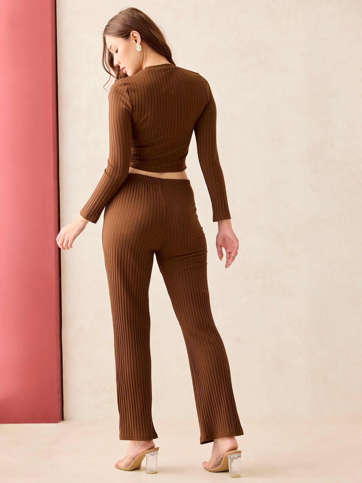 Brown Rib Front Knot Top and Pants Co-ord Set