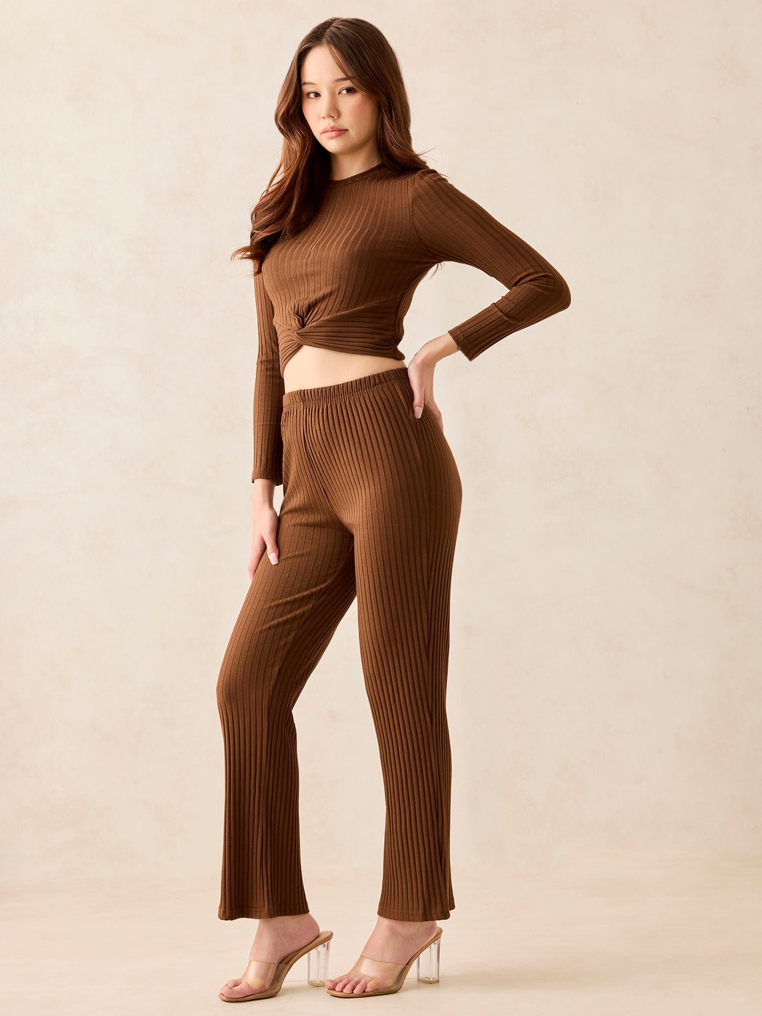 Brown Rib Front Knot Top and Pants Co-ord Set