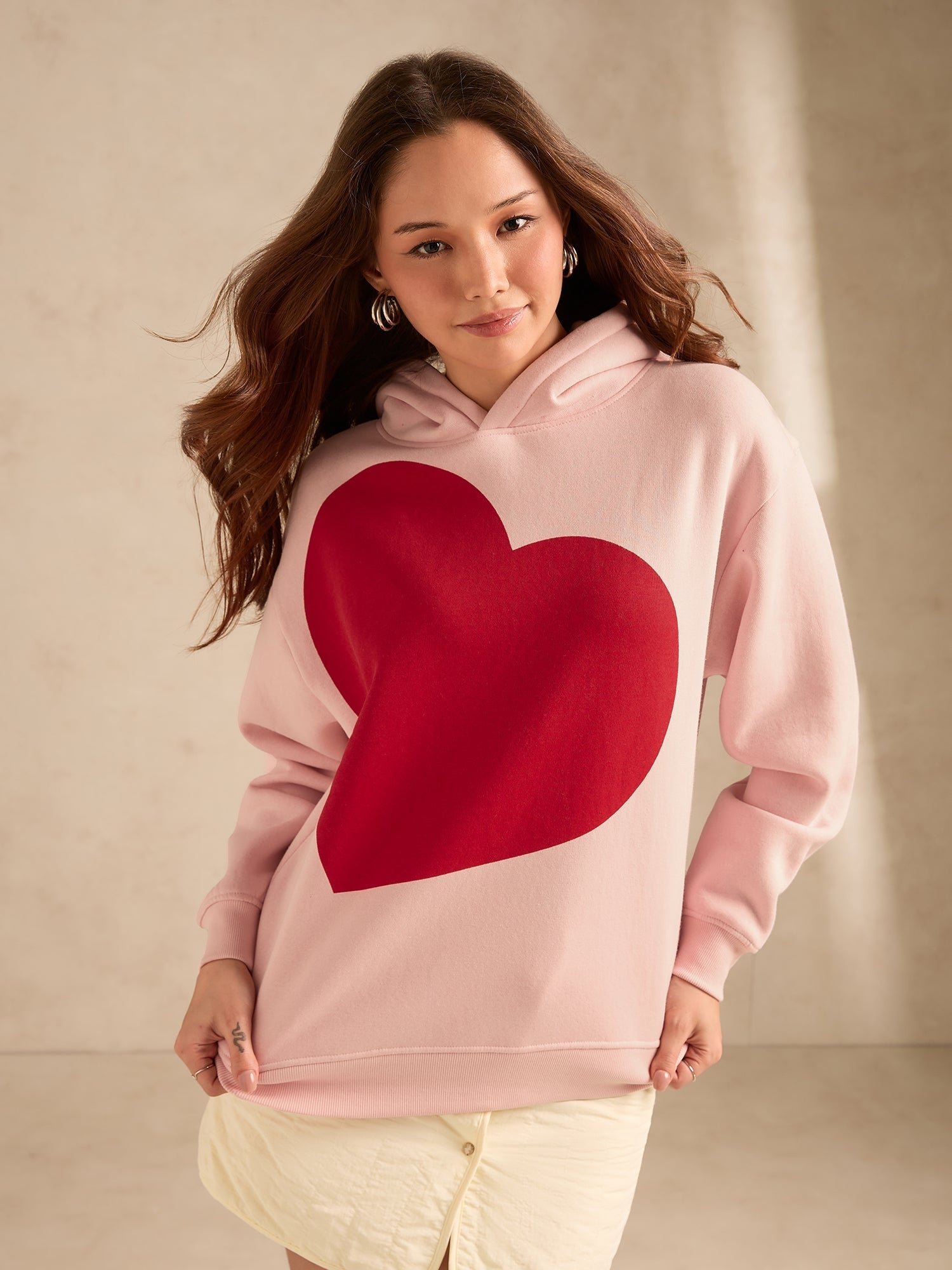 Pink Oversized Fleece Hoodie With Bold Heart Graphic