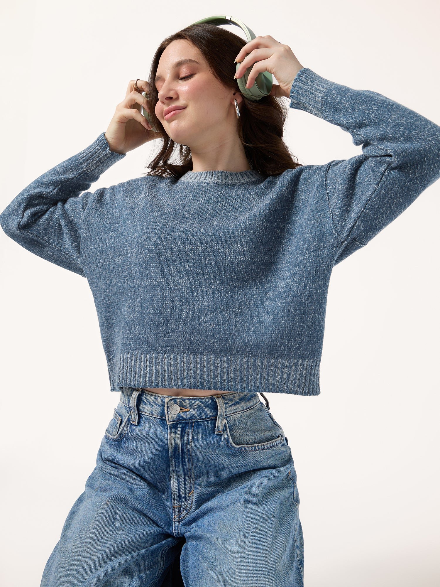 Blue Solid High Neck Sweater