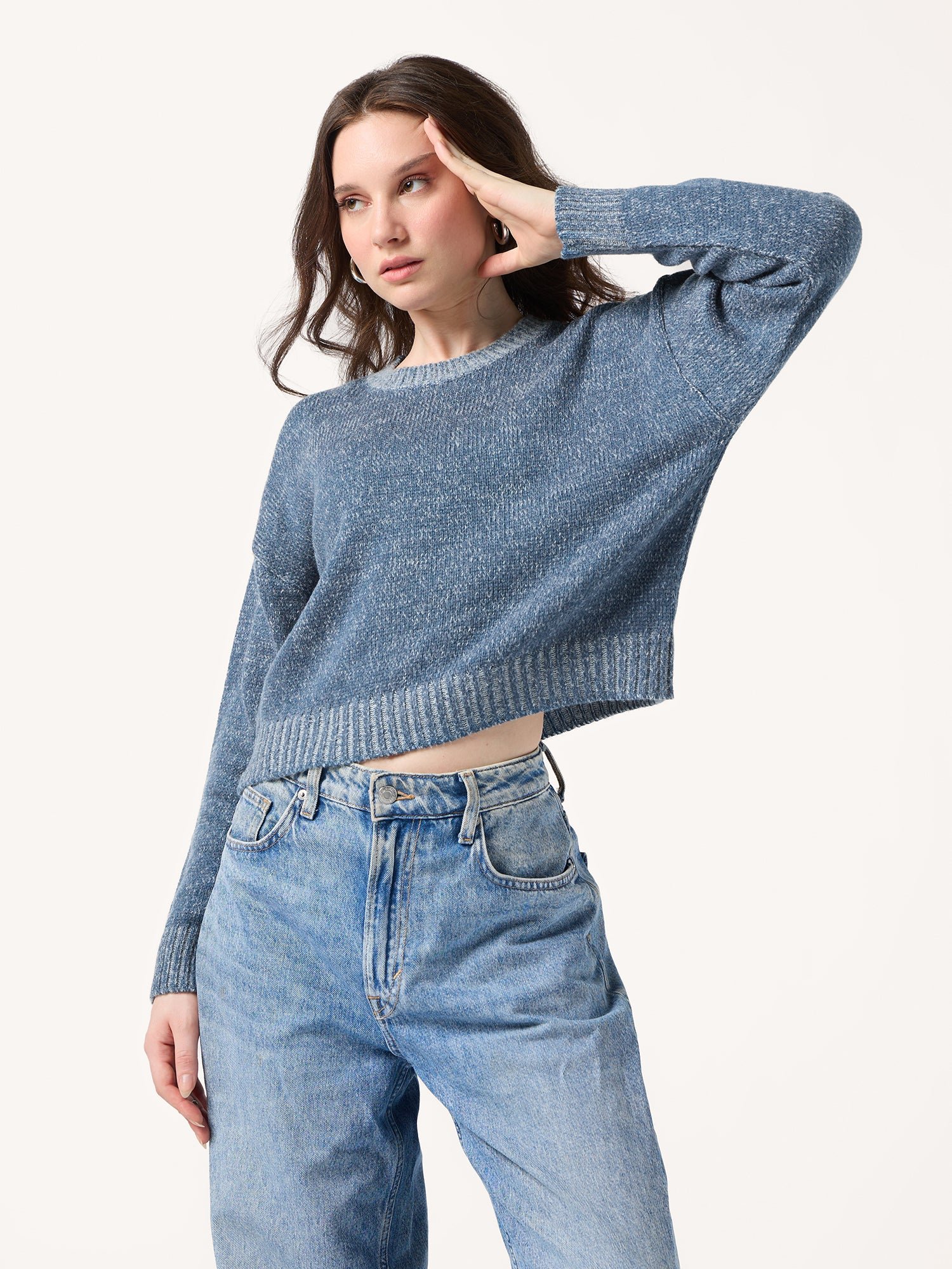 Blue Solid High Neck Sweater