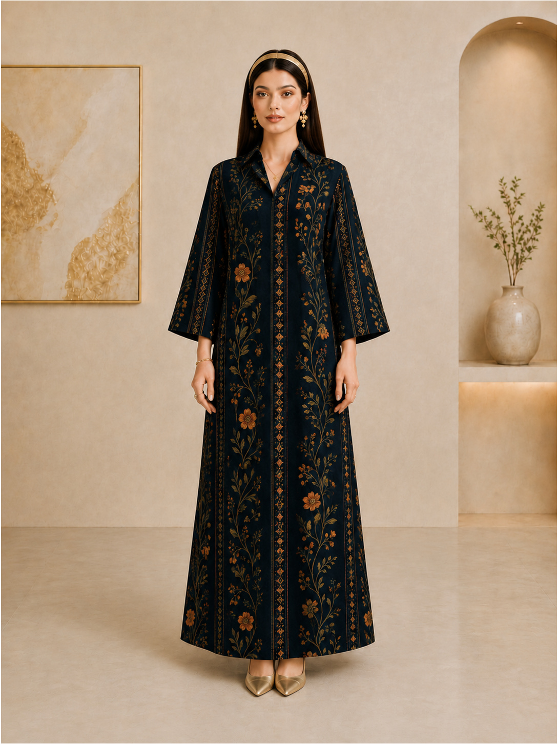 Dark Blue Floral Maxi Jalabiya Dress for Women